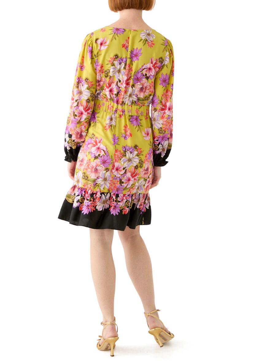 Womens Summer Printed Bishop Sleeve V-Neck Mini Dress with Ruffle Hem