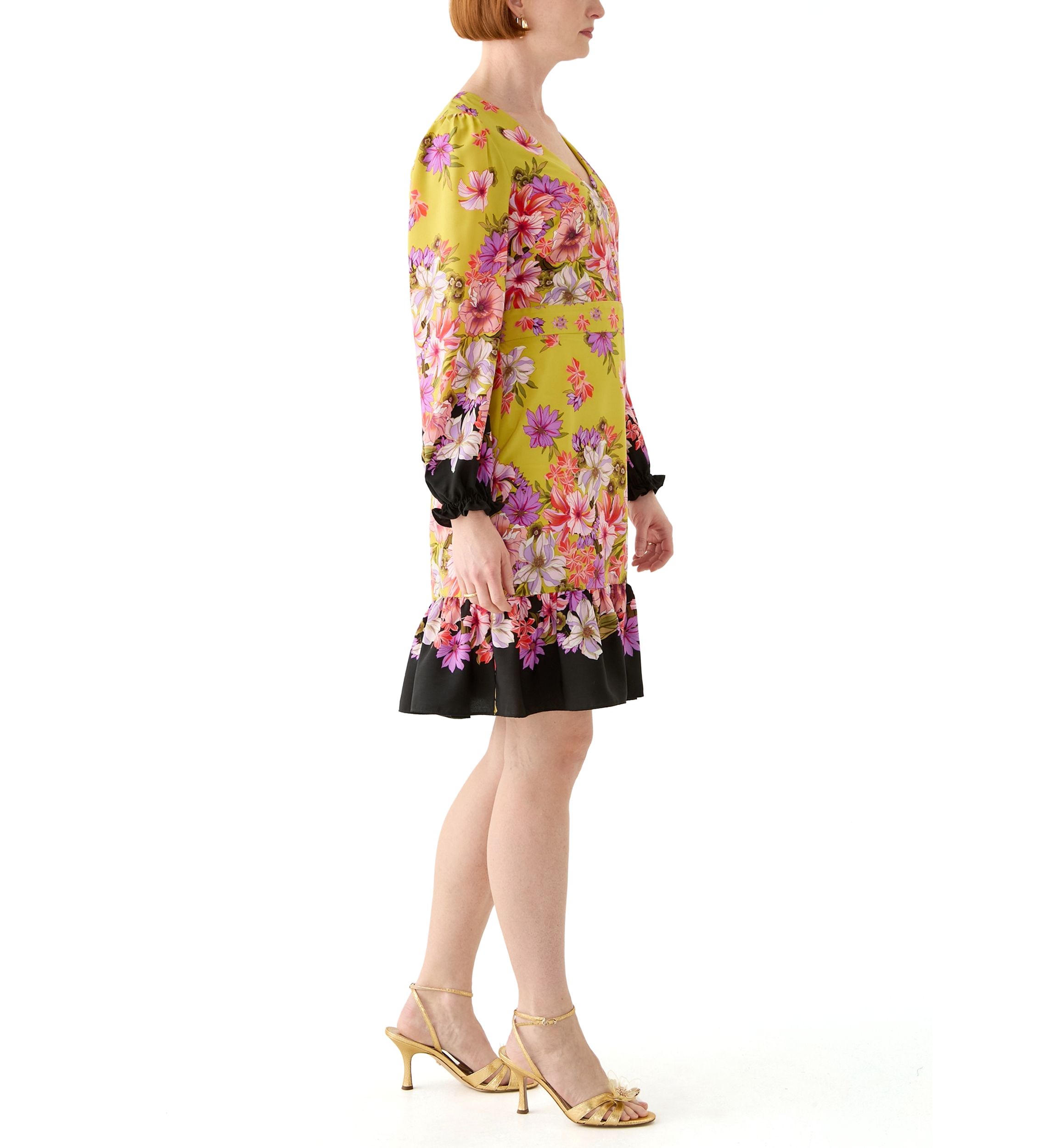 Womens Summer Printed Bishop Sleeve V-Neck Mini Dress with Ruffle Hem