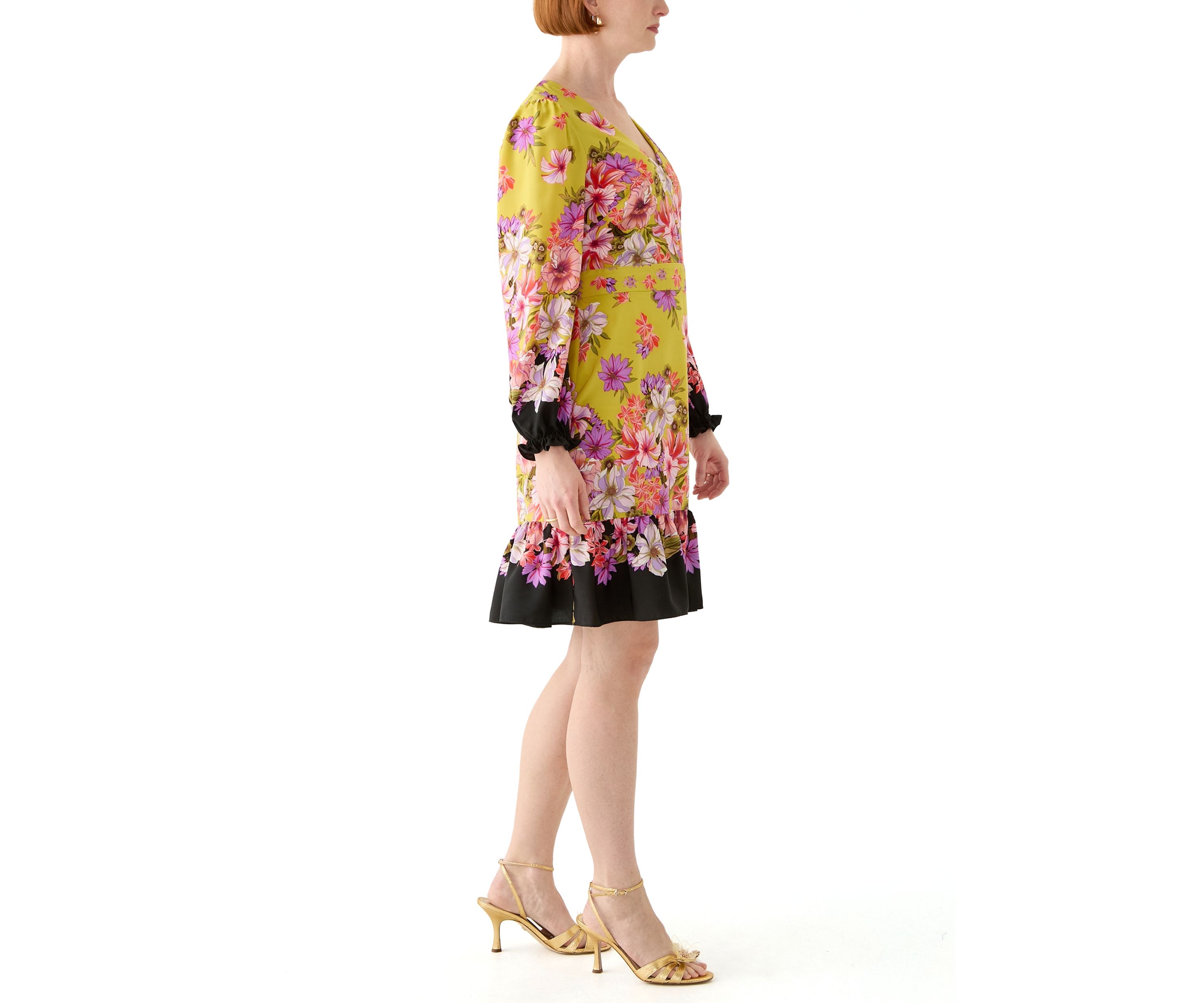 Womens Summer Printed Bishop Sleeve V-Neck Mini Dress with Ruffle Hem