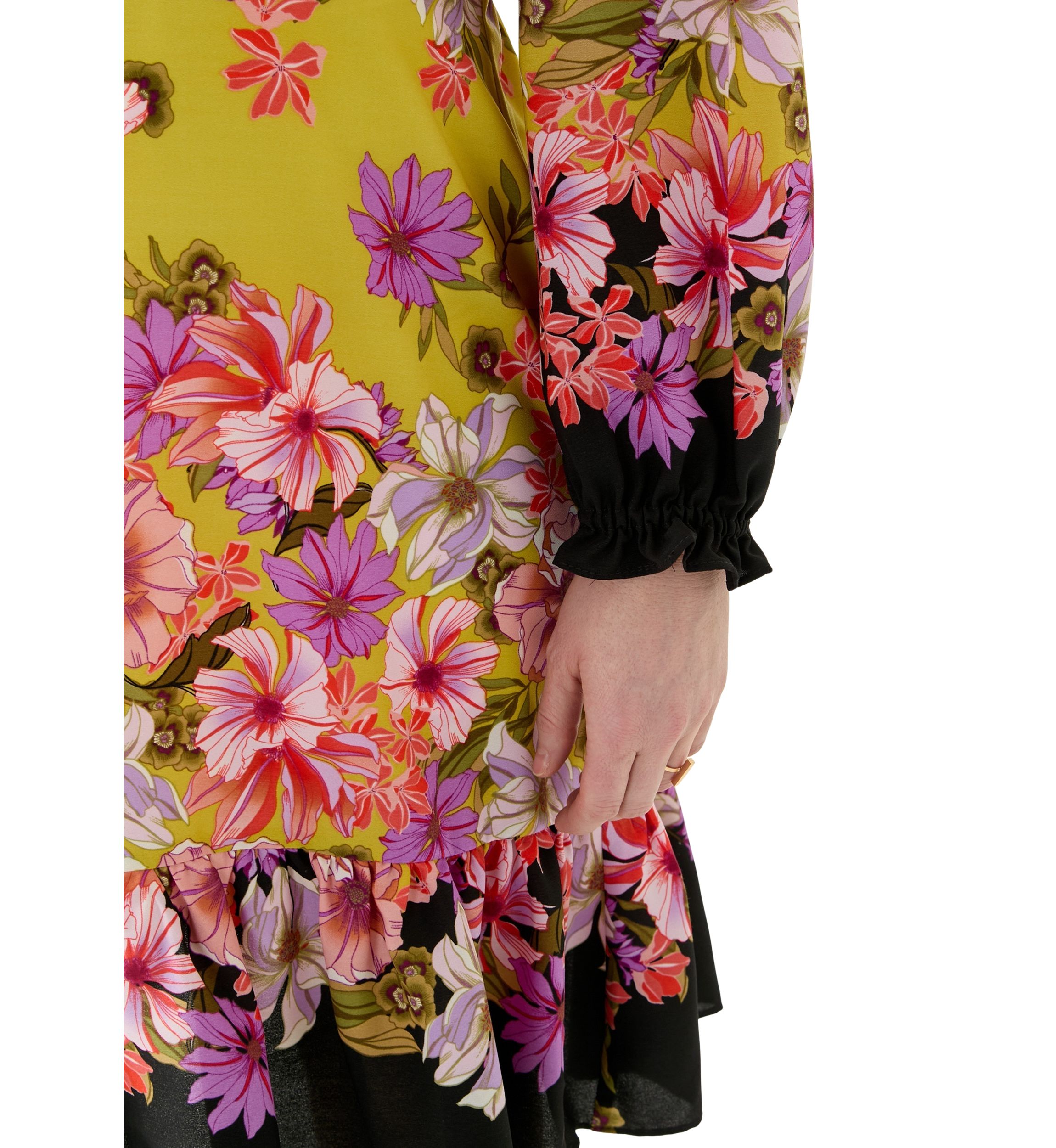Womens Summer Printed Bishop Sleeve V-Neck Mini Dress with Ruffle Hem