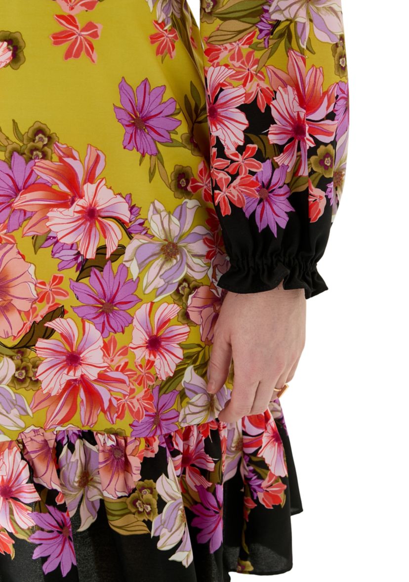 Womens Summer Printed Bishop Sleeve V-Neck Mini Dress with Ruffle Hem