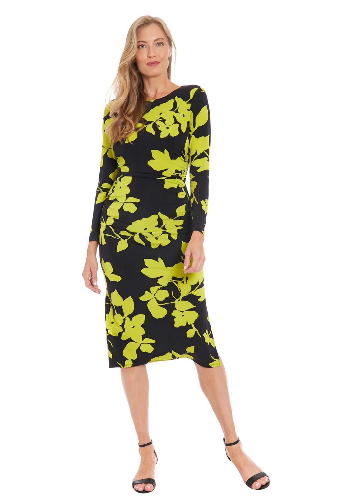 Womens Printed Matte Jersey Long Sleeve Midi Dress with Ruching and Side Slits
