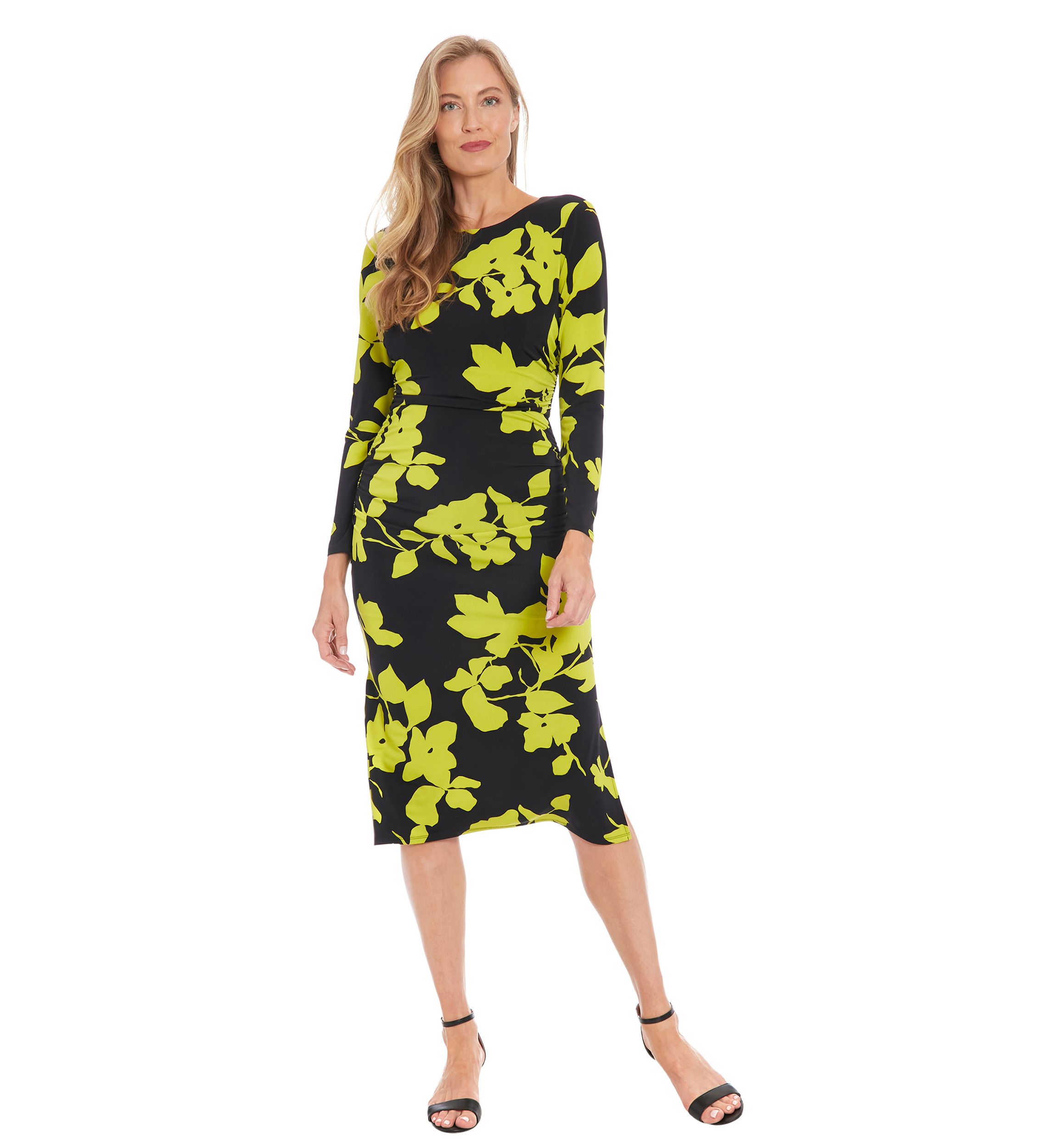 Womens Printed Matte Jersey Long Sleeve Midi Dress with Ruching and Side Slits
