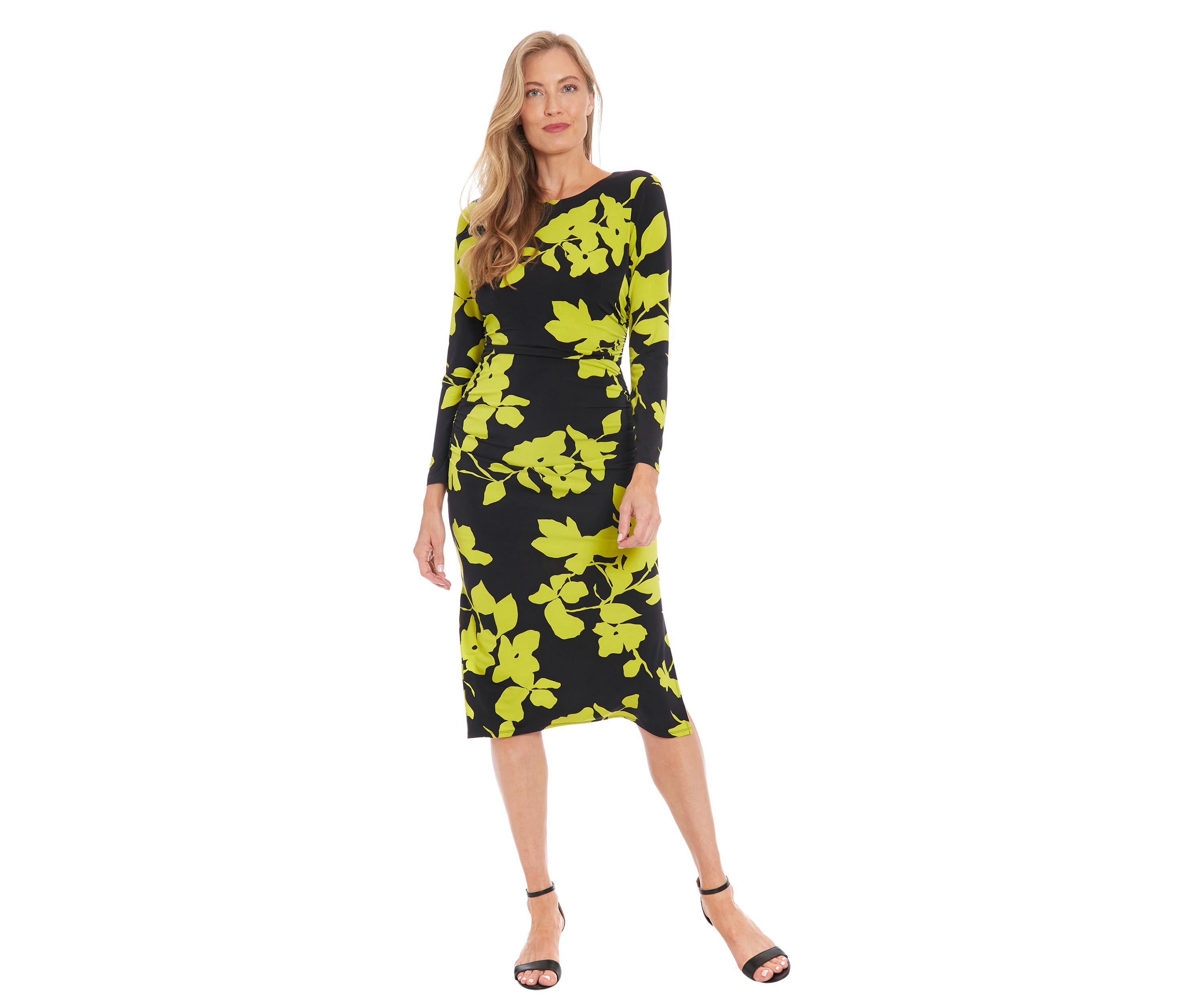Womens Printed Matte Jersey Long Sleeve Midi Dress with Ruching and Side Slits