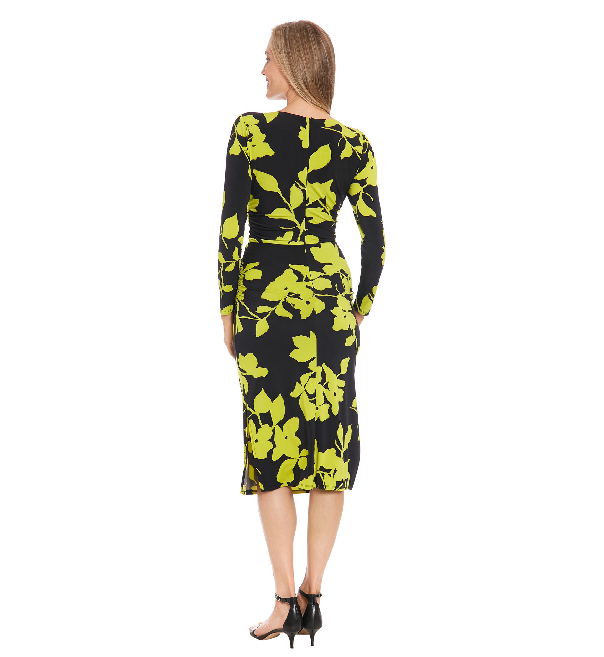 Womens Printed Matte Jersey Long Sleeve Midi Dress with Ruching and Side Slits