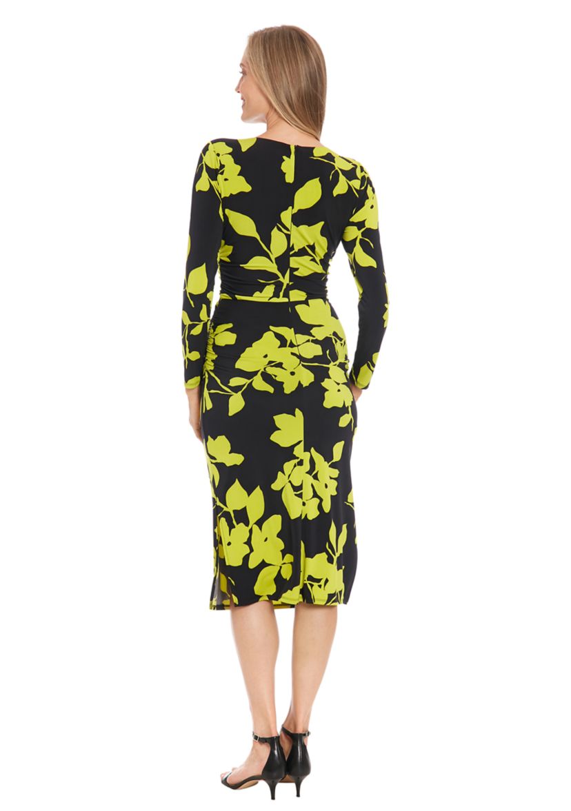 Womens Printed Matte Jersey Long Sleeve Midi Dress with Ruching and Side Slits