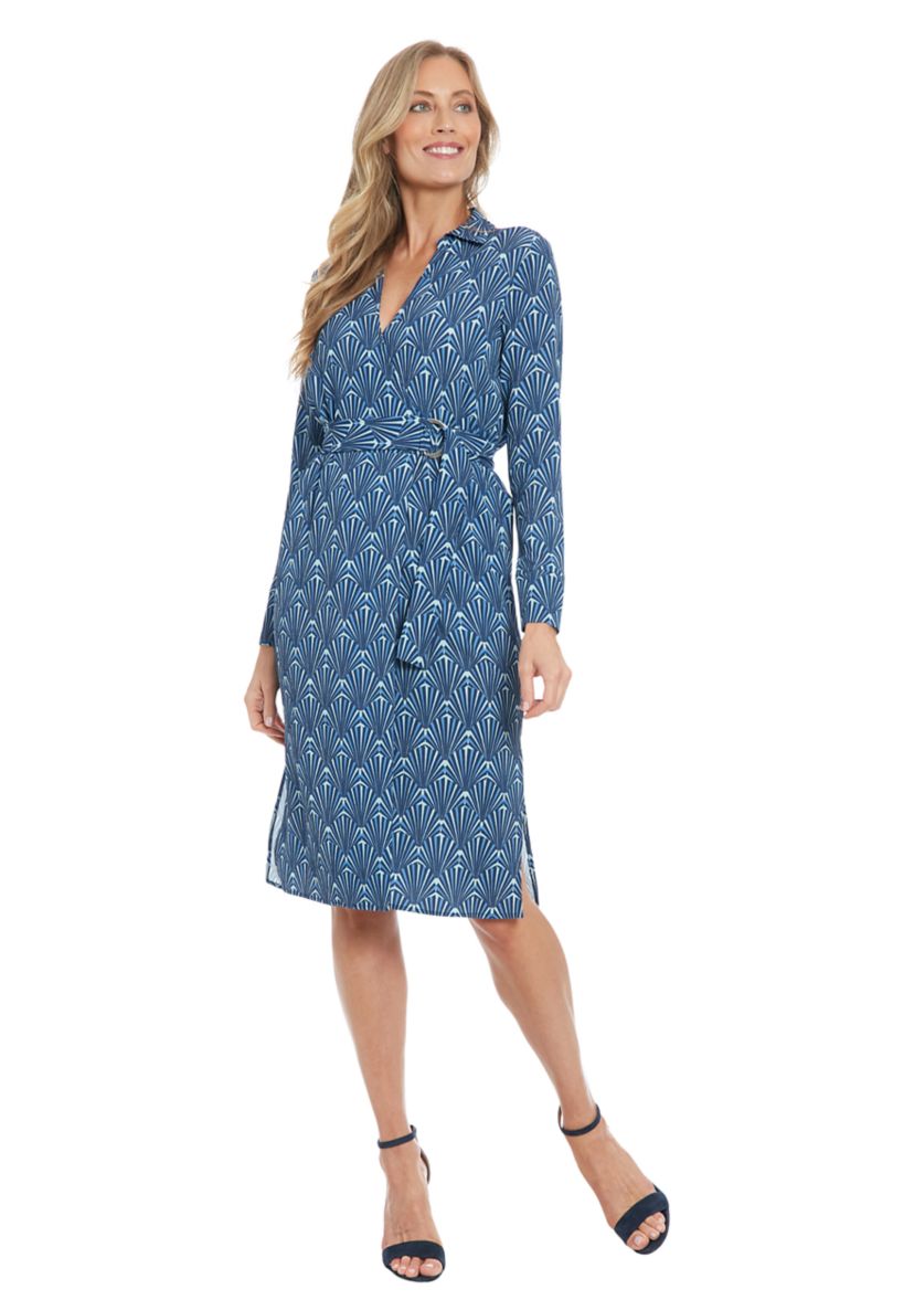 Womens Printed Bubble Crepe Smocked Waist Collared Faux Wrap with D-RIng Sash