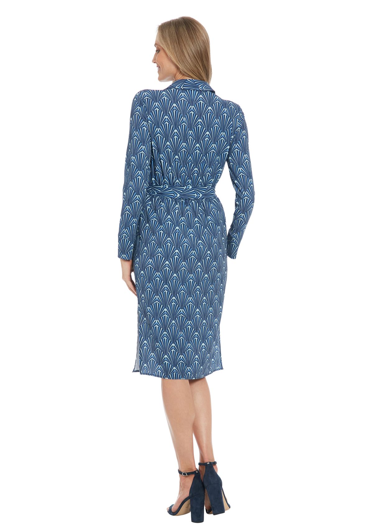 Womens Printed Bubble Crepe Smocked Waist Collared Faux Wrap with D-RIng Sash
