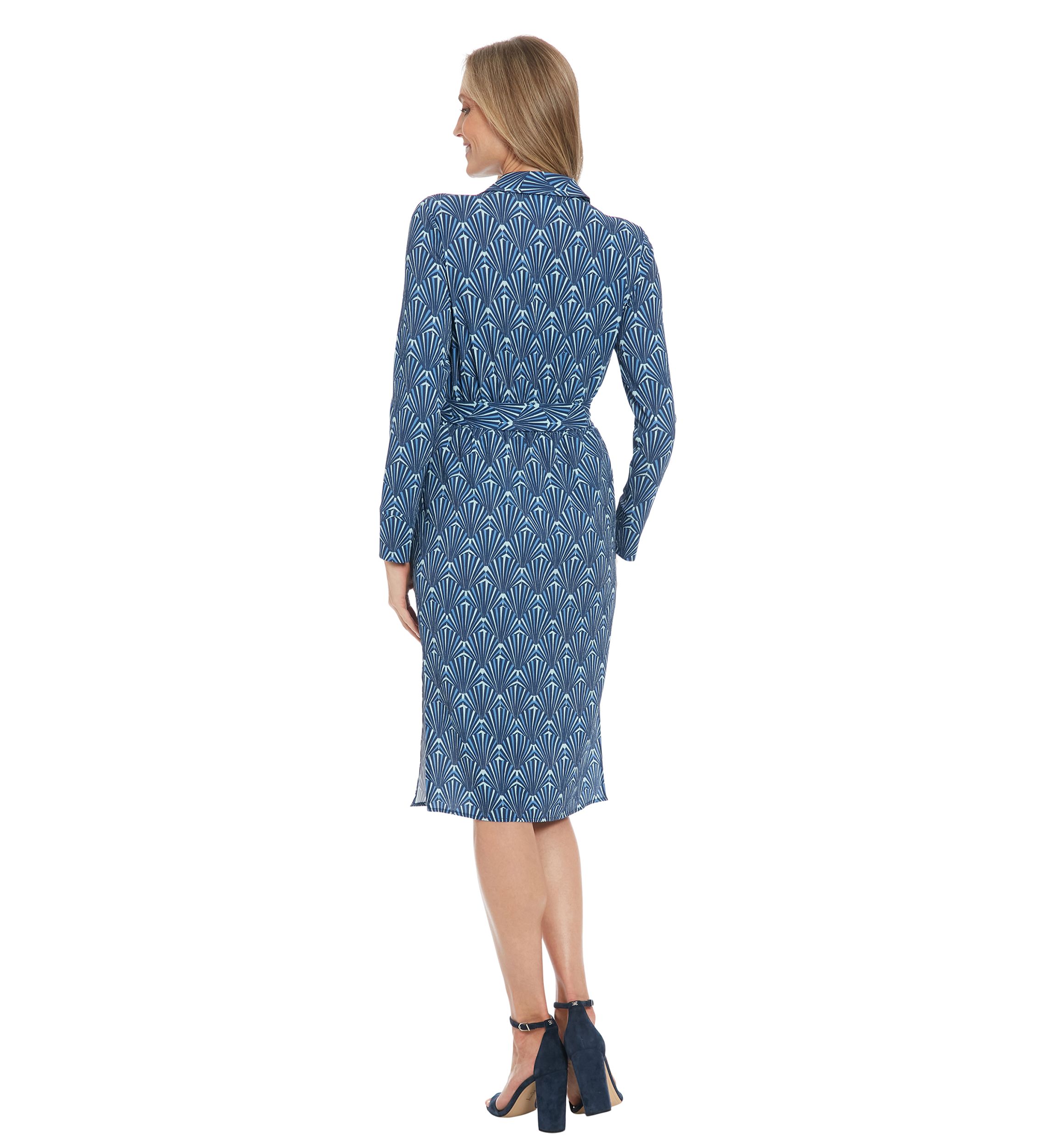 Womens Printed Bubble Crepe Smocked Waist Collared Faux Wrap with D-RIng Sash