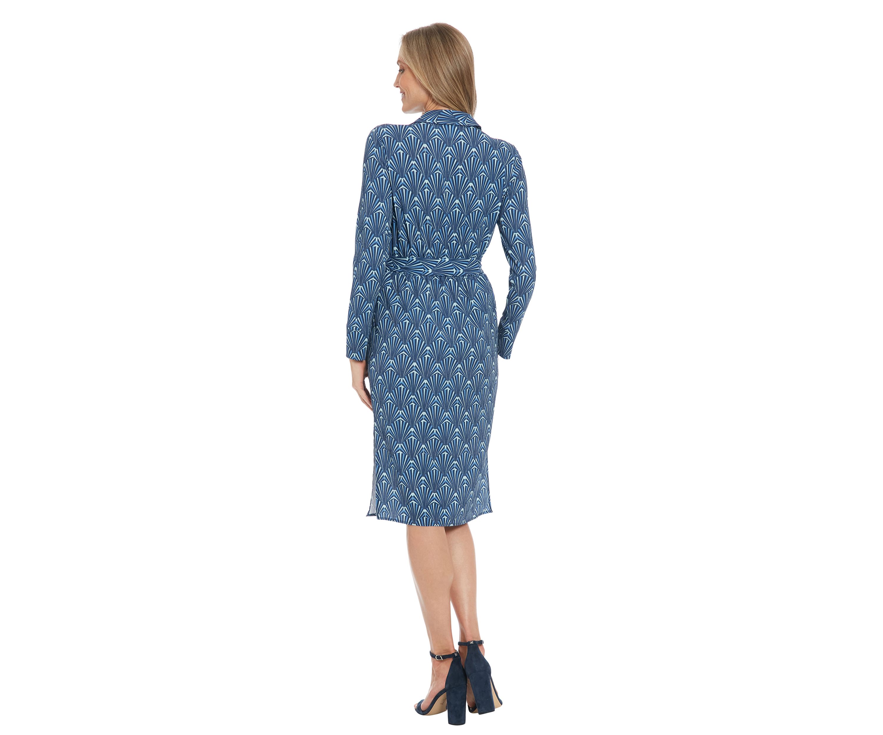 Womens Printed Bubble Crepe Smocked Waist Collared Faux Wrap with D-RIng Sash