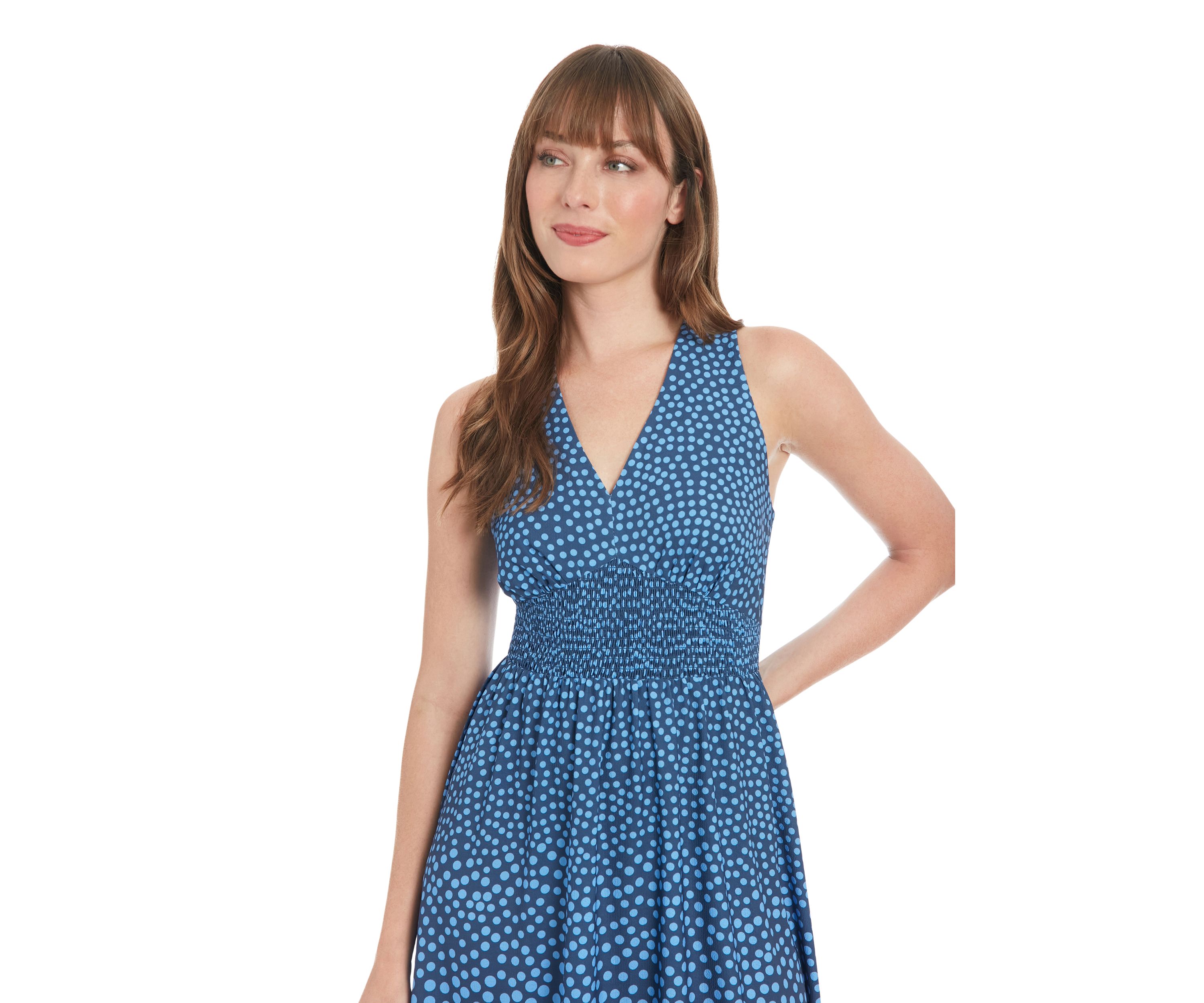 Womens Printed Bubble Crepe V-Neck Smocked Bodice Maxi Dress