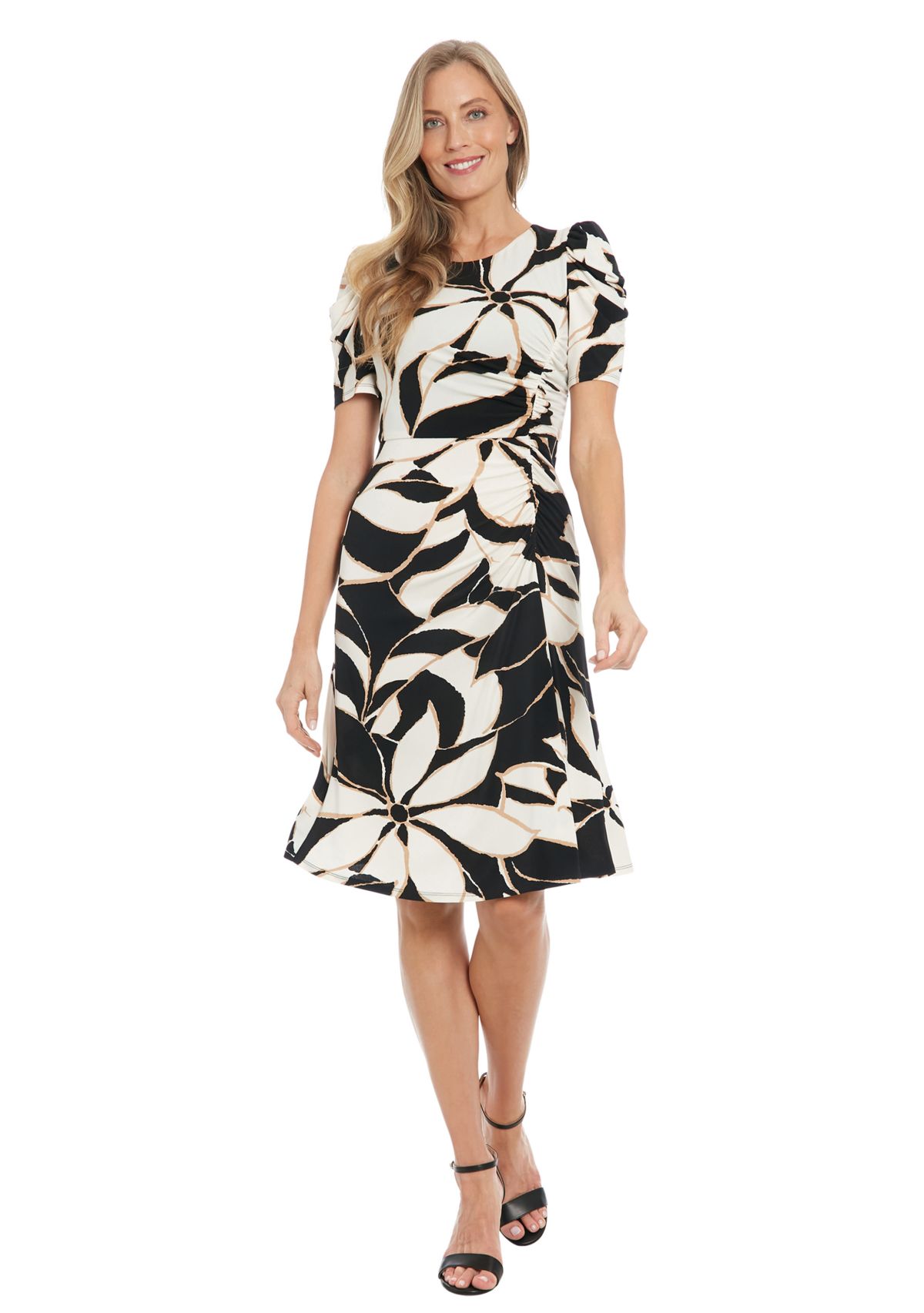 Womens Crepe Jersey Printed Puff Draped Sleeve Jewel Neck Ruched Midi Dress