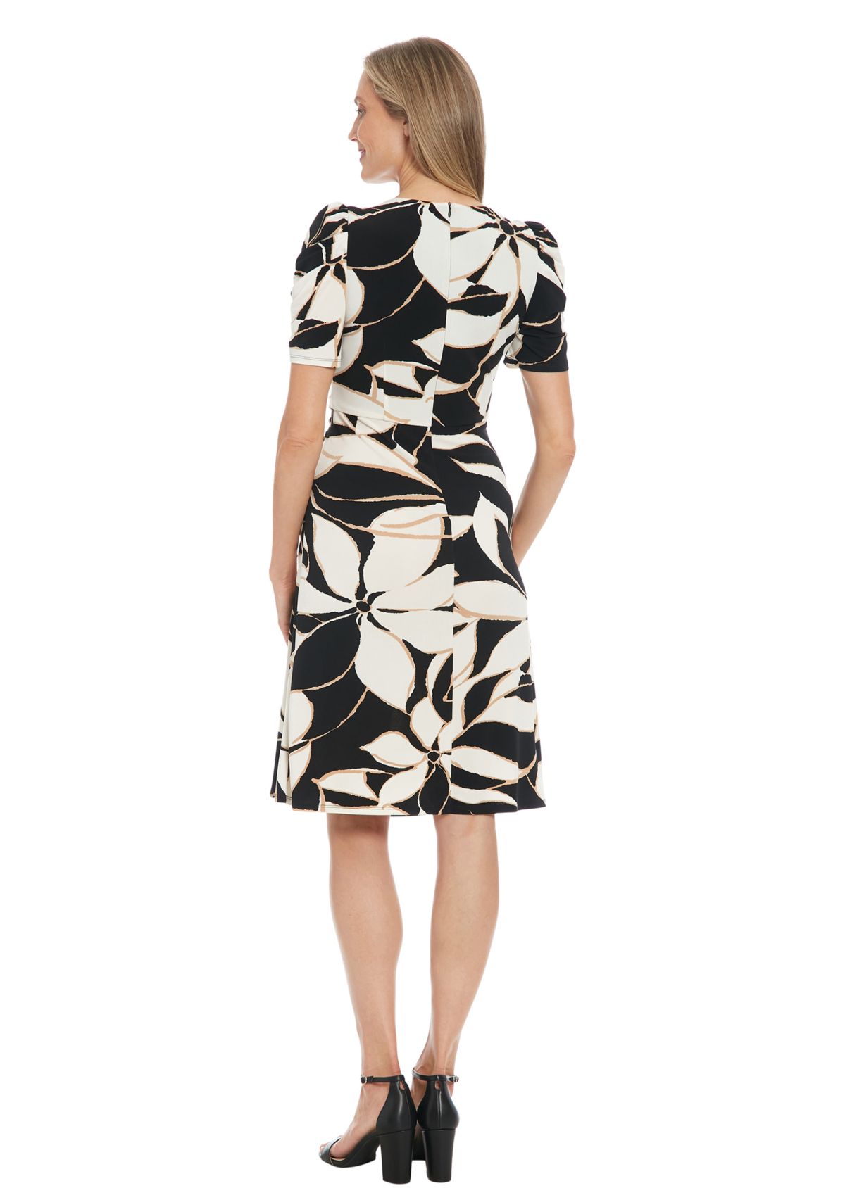 Womens Crepe Jersey Printed Puff Draped Sleeve Jewel Neck Ruched Midi Dress