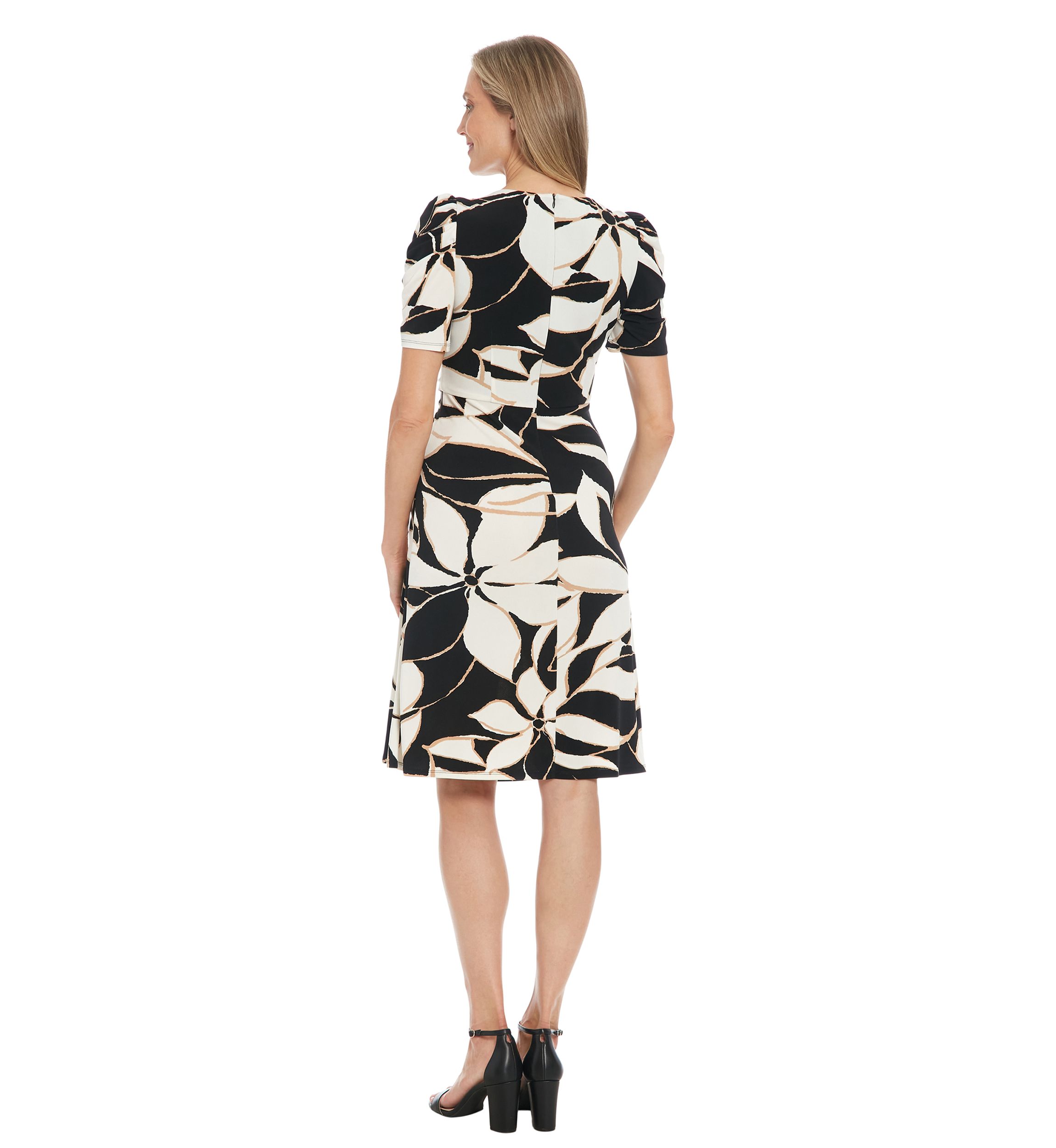 Womens Crepe Jersey Printed Puff Draped Sleeve Jewel Neck Ruched Midi Dress