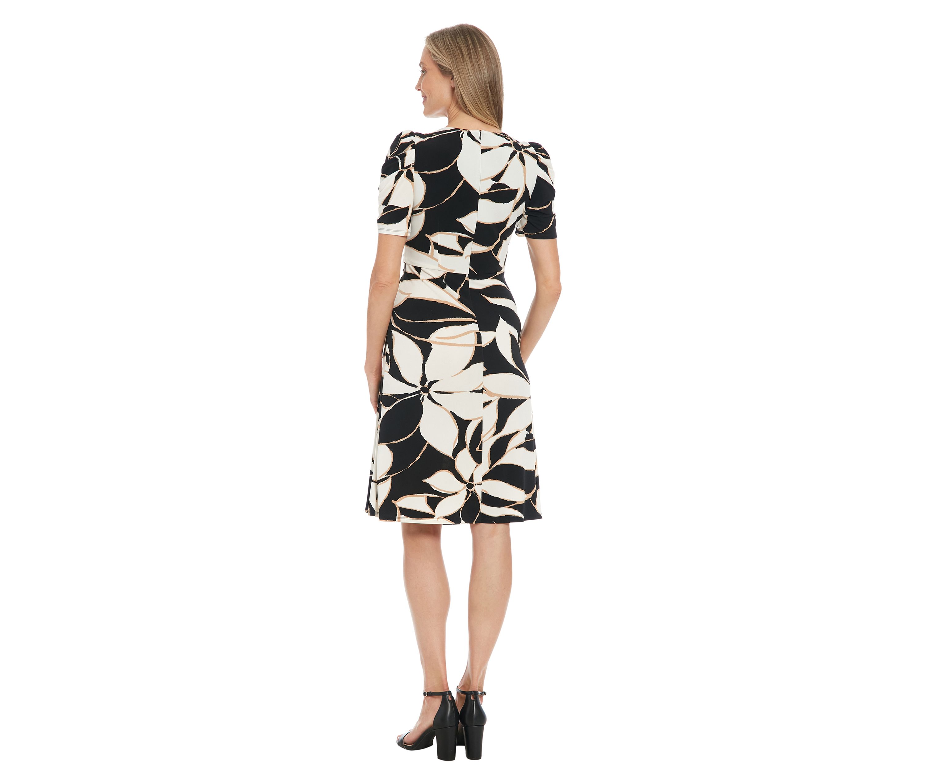 Womens Crepe Jersey Printed Puff Draped Sleeve Jewel Neck Ruched Midi Dress