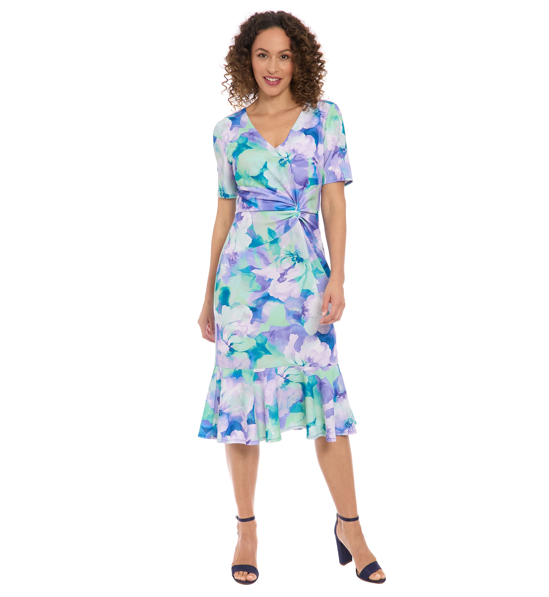 Womens Short Sleeve V-Neck Flounce Midi Dress