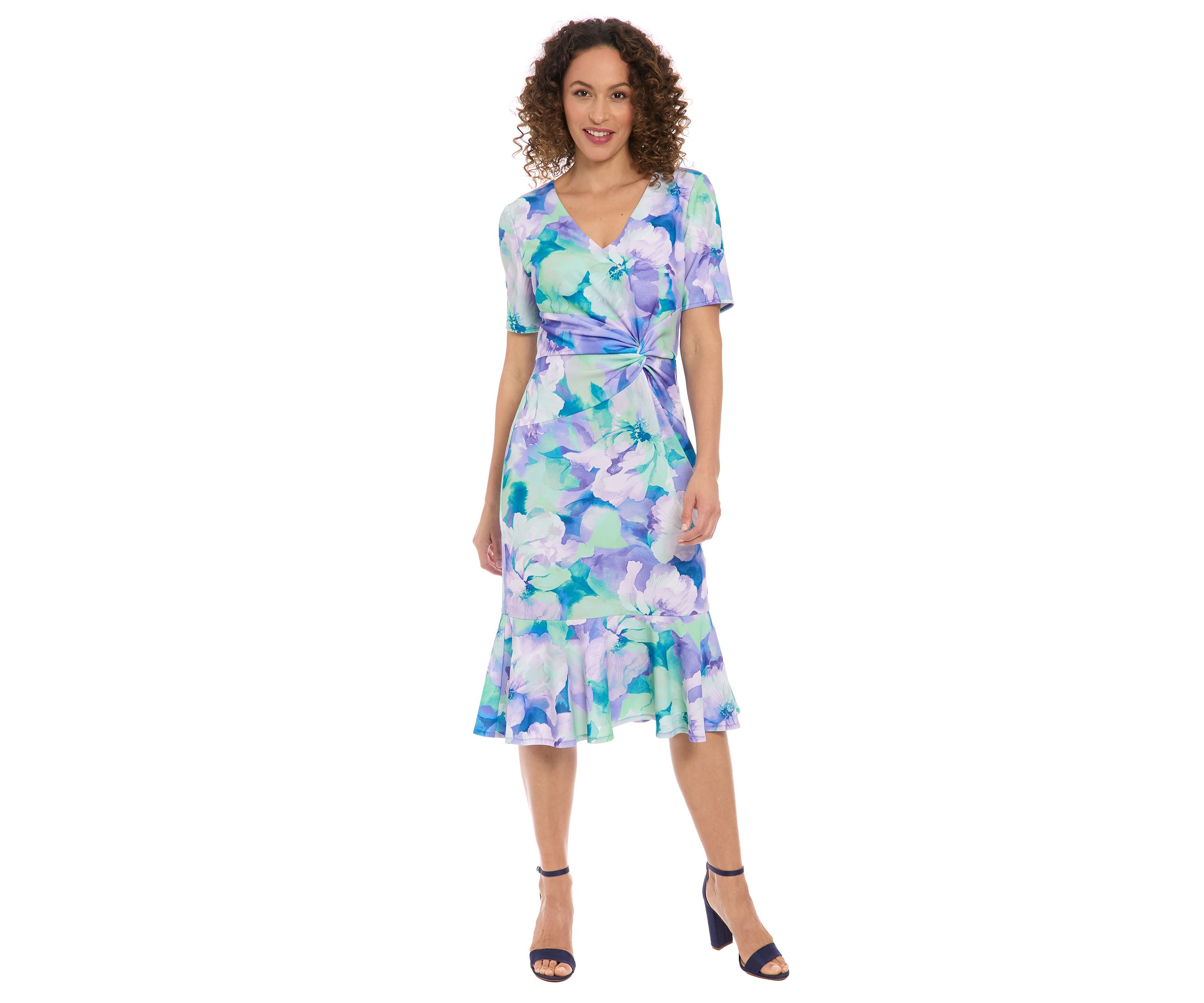 Womens Short Sleeve V-Neck Flounce Midi Dress