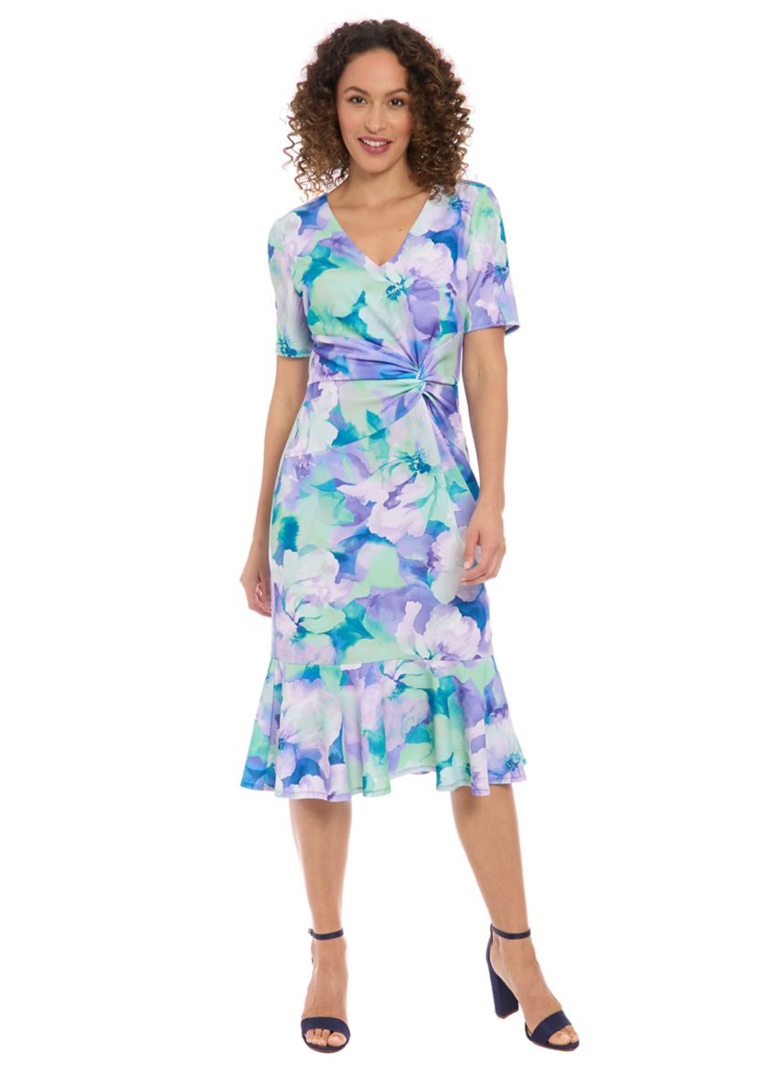 Womens Short Sleeve V-Neck Flounce Midi Dress