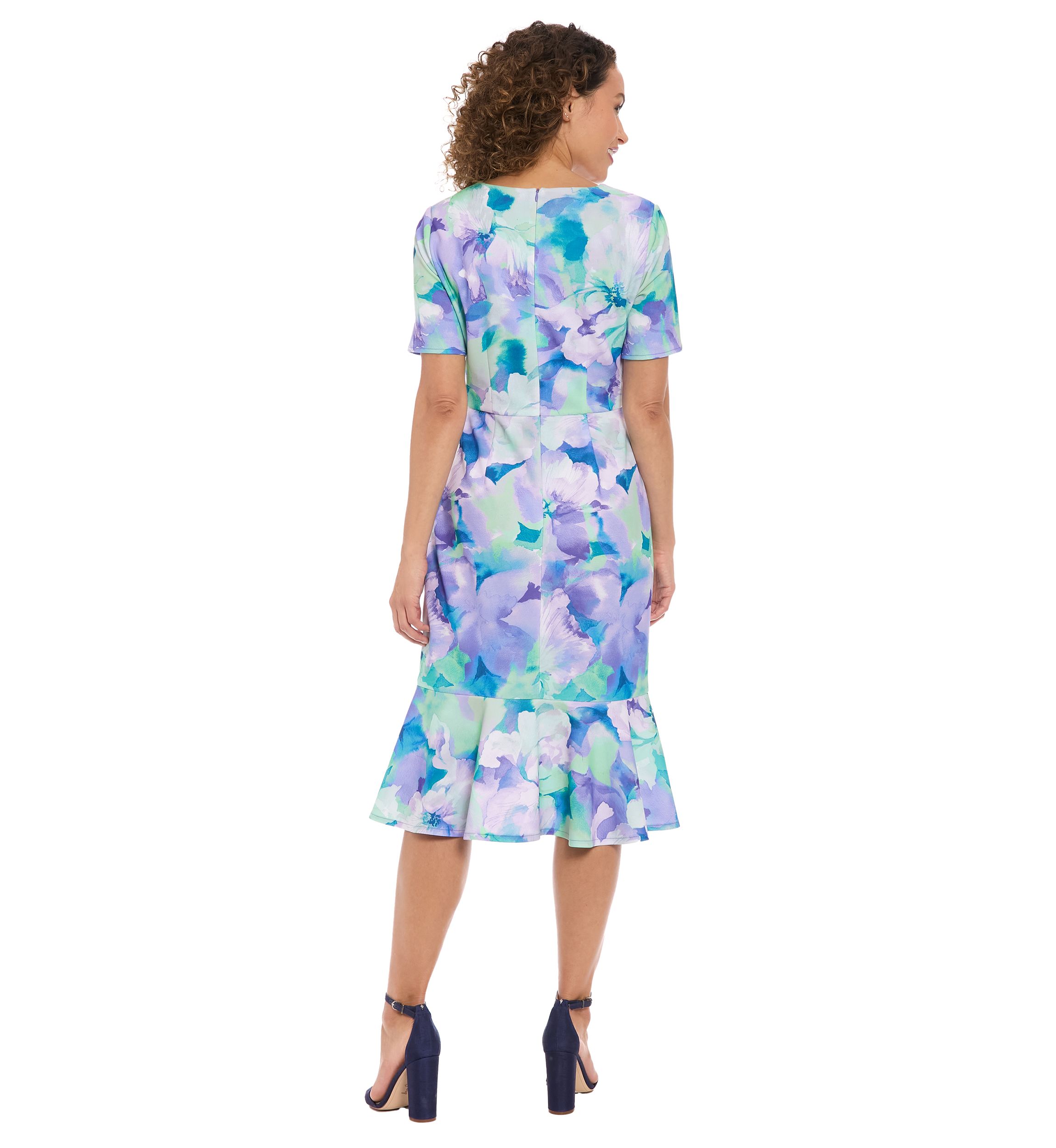 Womens Short Sleeve V-Neck Flounce Midi Dress