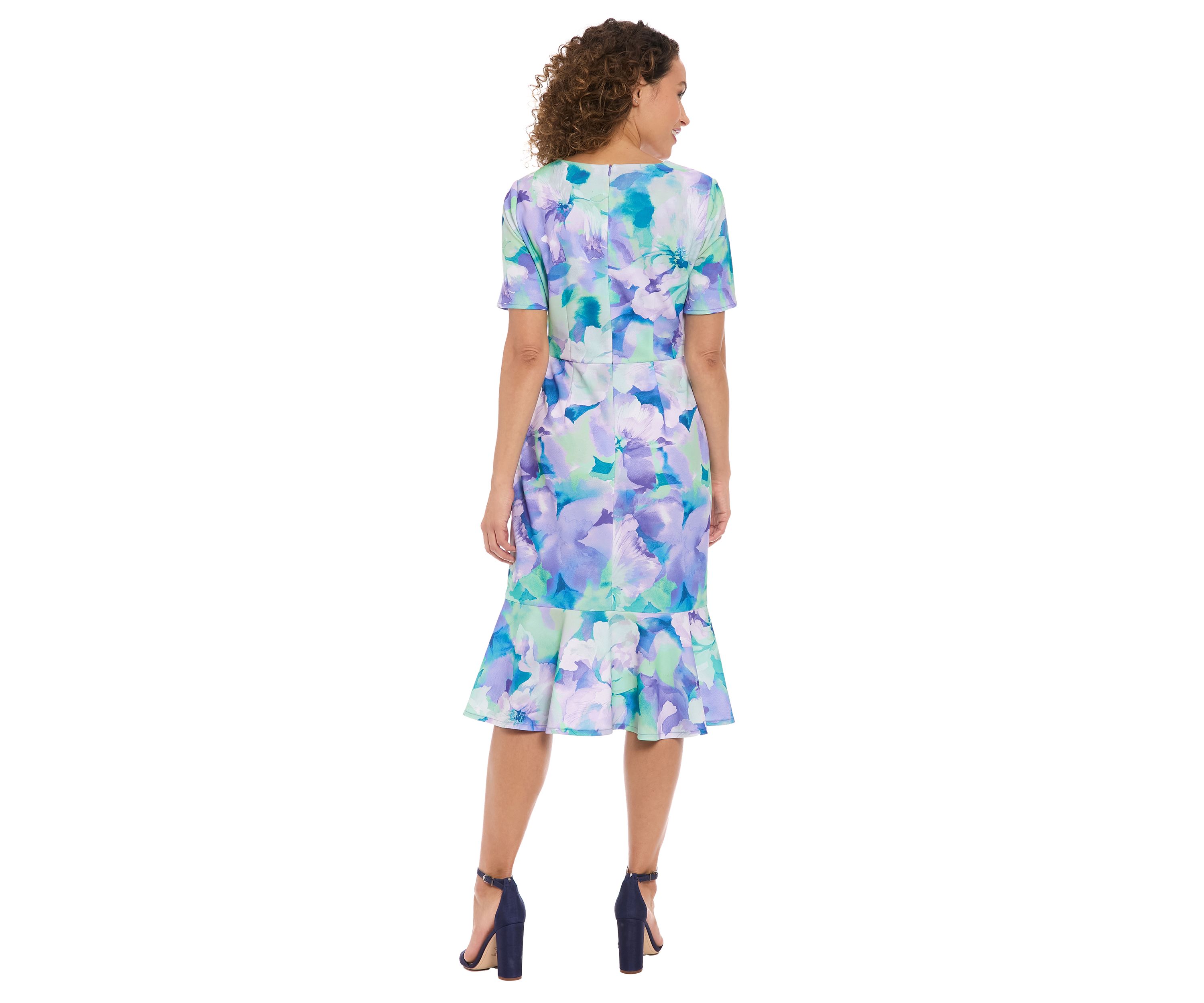 Womens Short Sleeve V-Neck Flounce Midi Dress