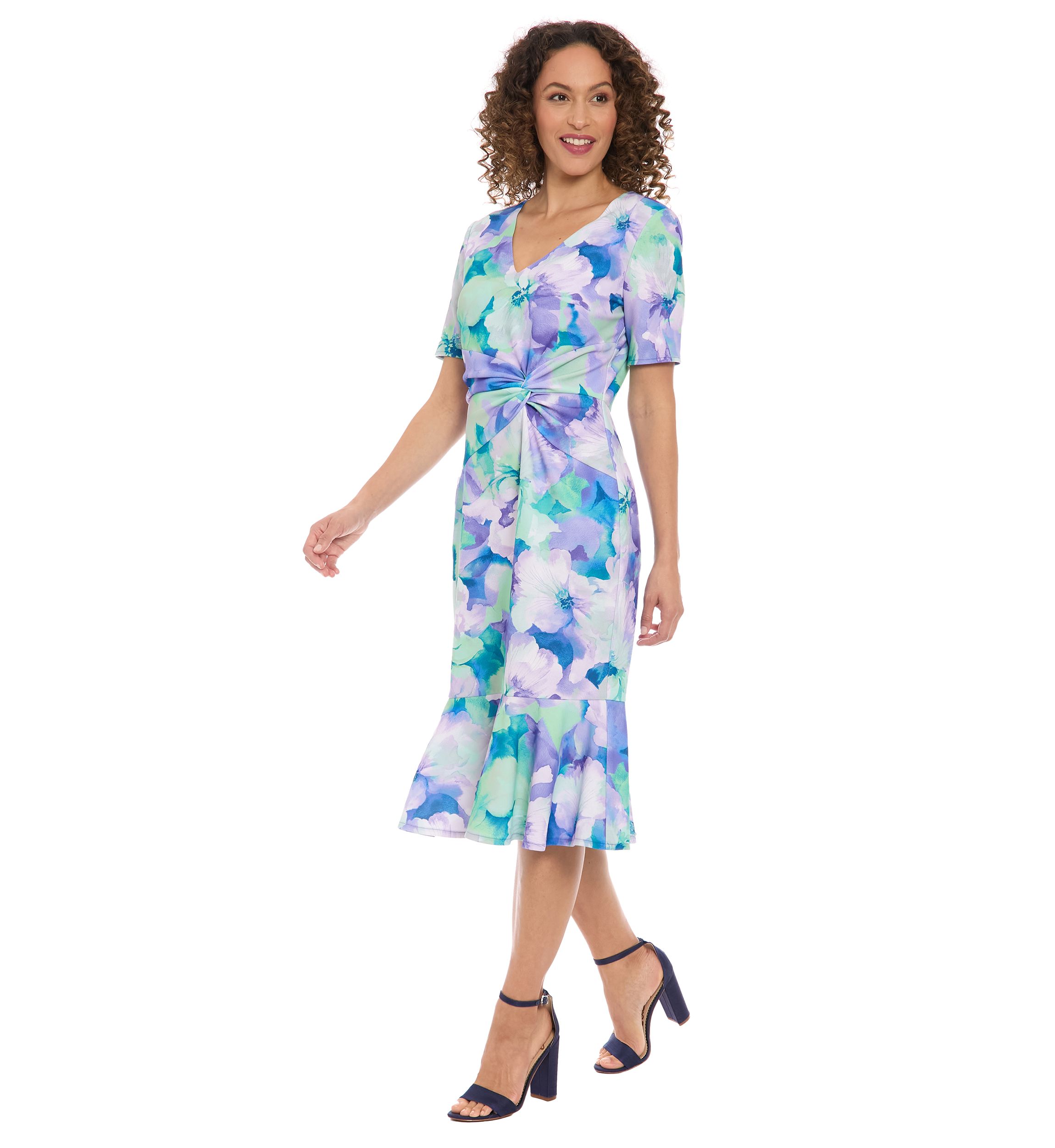 Womens Short Sleeve V-Neck Flounce Midi Dress