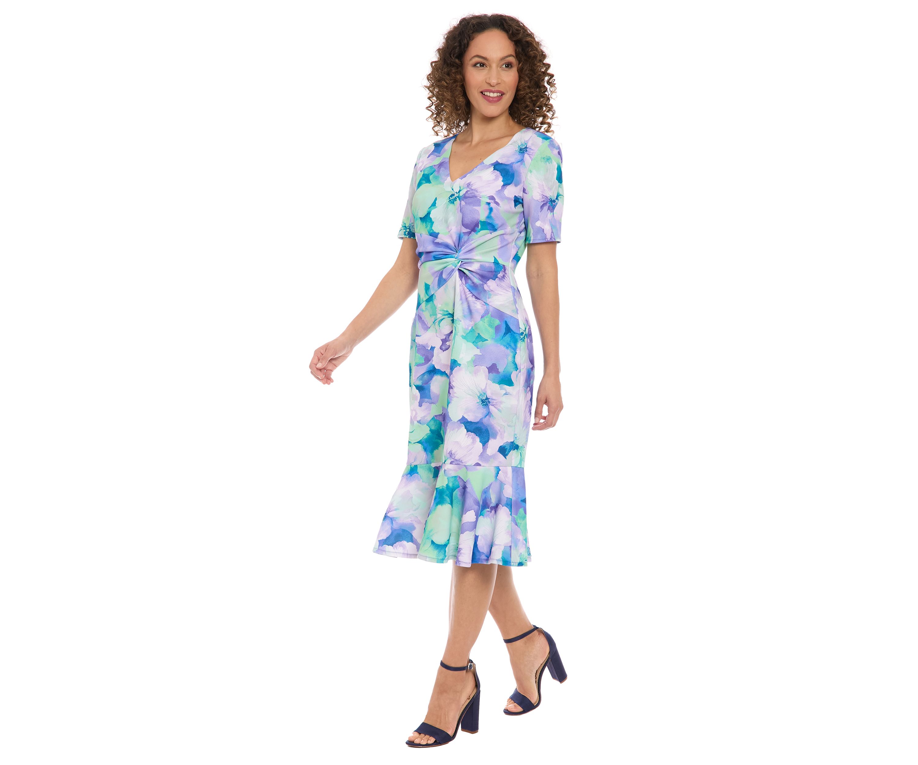 Womens Short Sleeve V-Neck Flounce Midi Dress