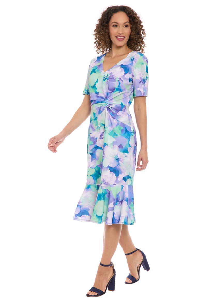 Womens Short Sleeve V-Neck Flounce Midi Dress