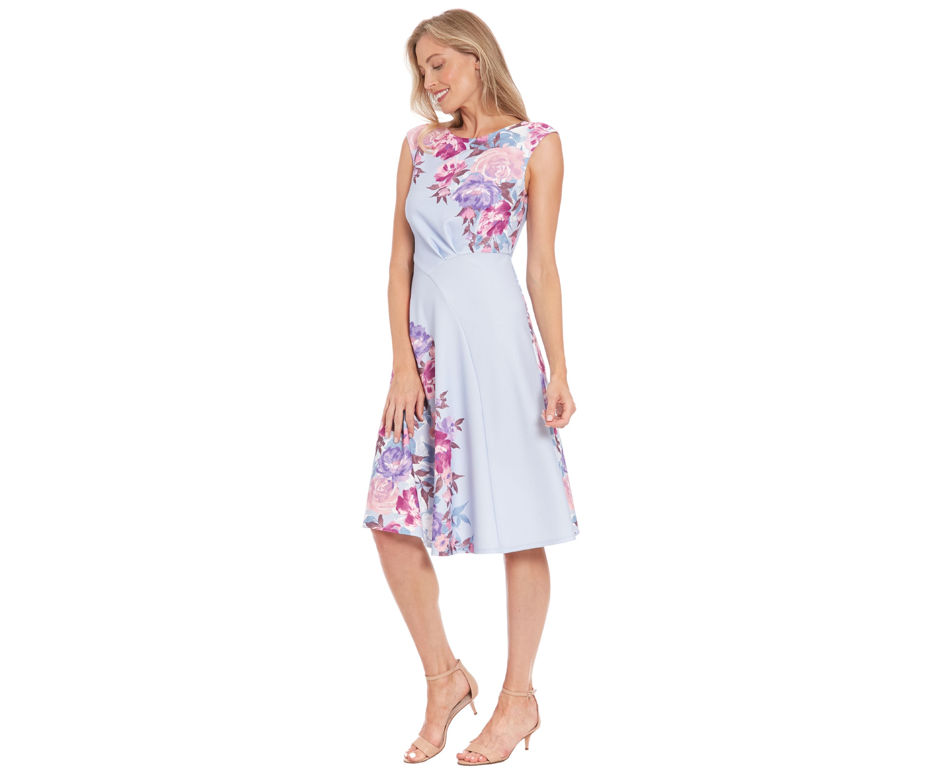 Womens Cap Sleeve Asymmetric Seamed Flare Dress