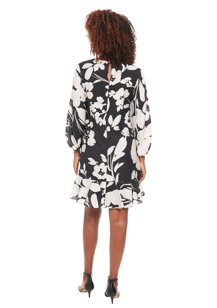 Womens 3/4 Sleeve V-Neck Floral Print A-Line Dress