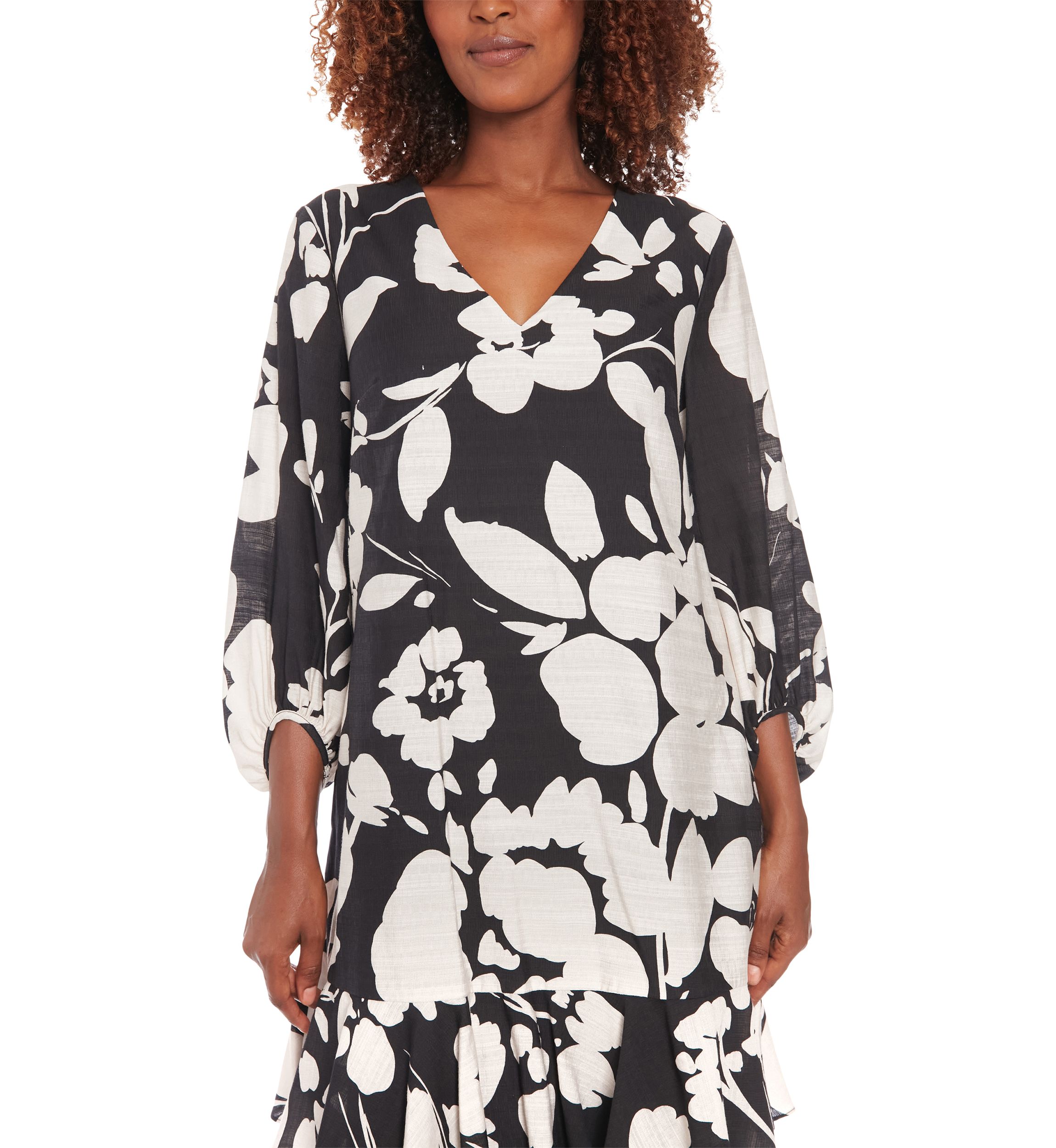 Womens 3/4 Sleeve V-Neck Floral Print A-Line Dress