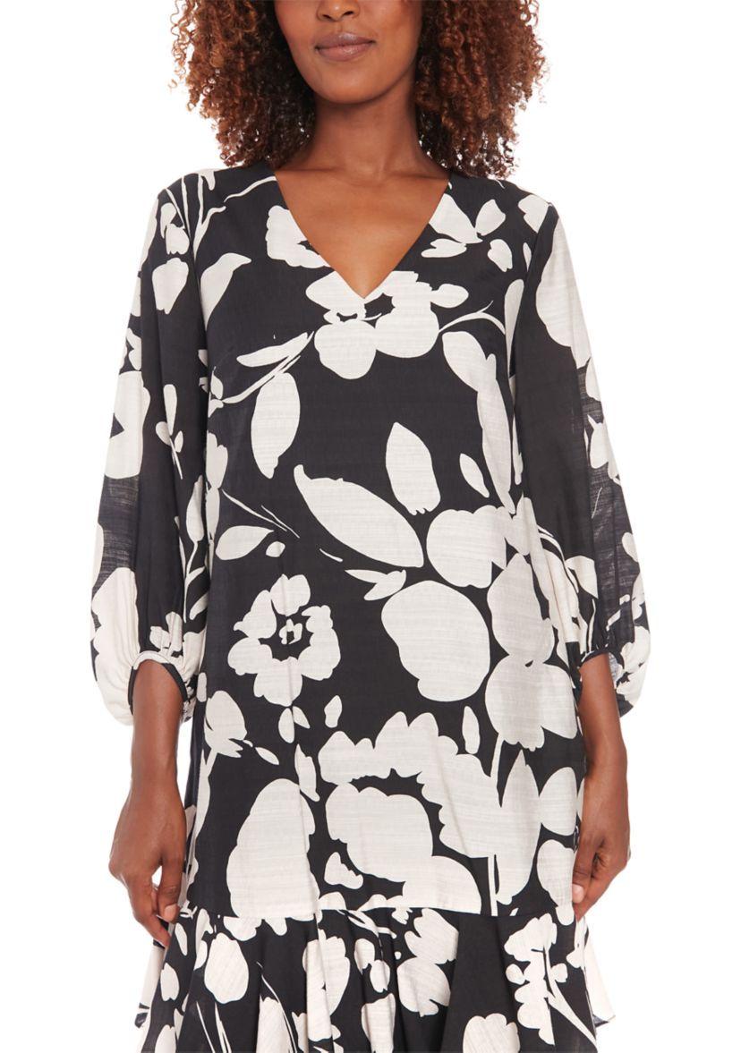 Womens 3/4 Sleeve V-Neck Floral Print A-Line Dress