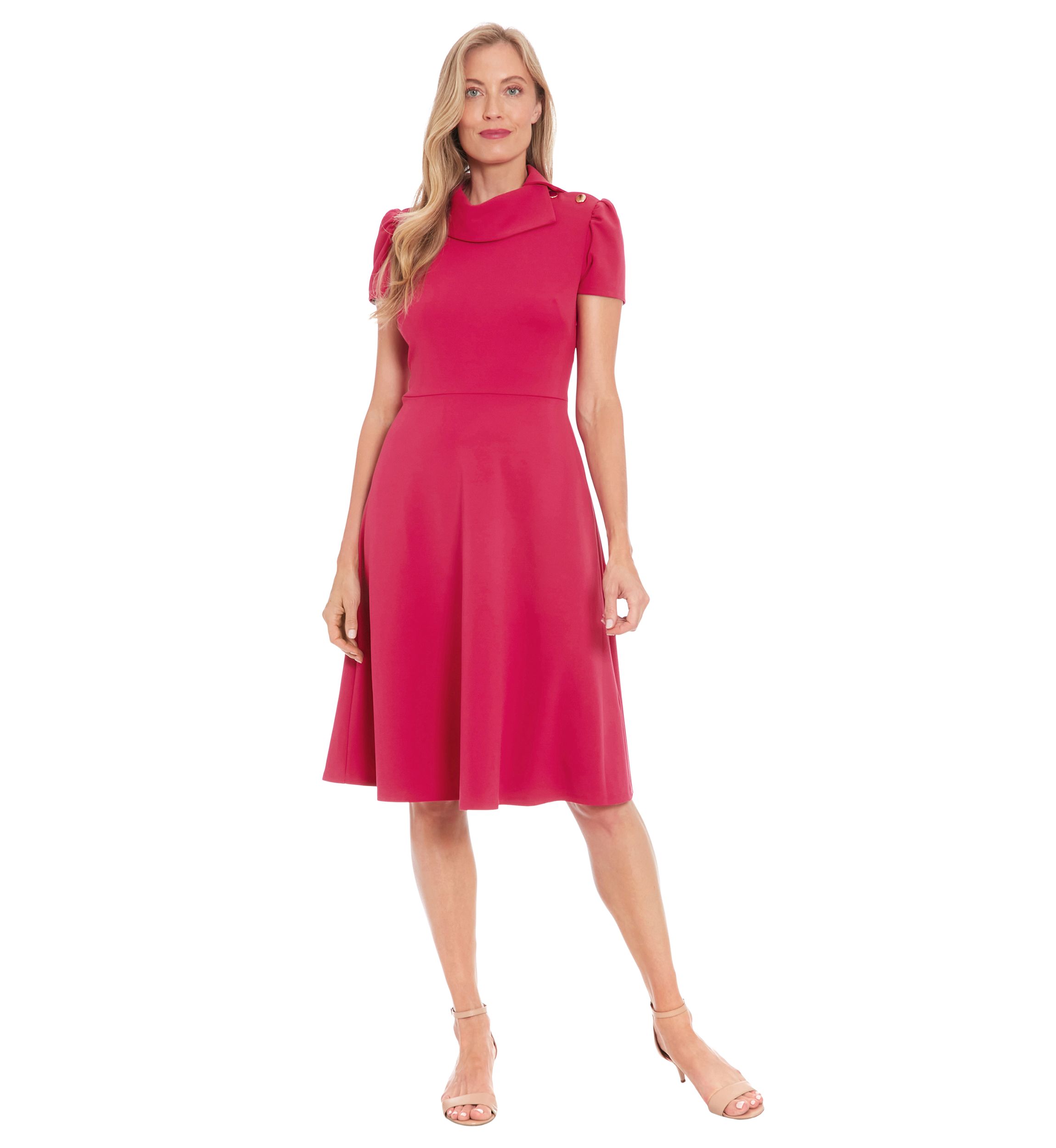 Womens Short Sleeve Asymmetrical Neck Solid Fit and Flare Dress