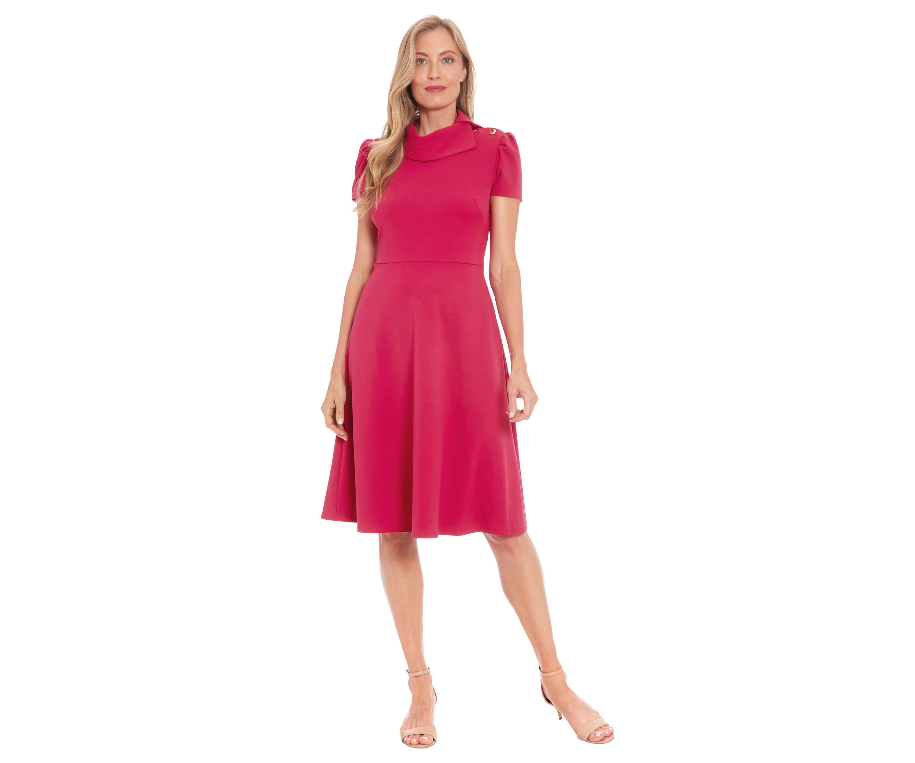 Womens Short Sleeve Asymmetrical Neck Solid Fit and Flare Dress