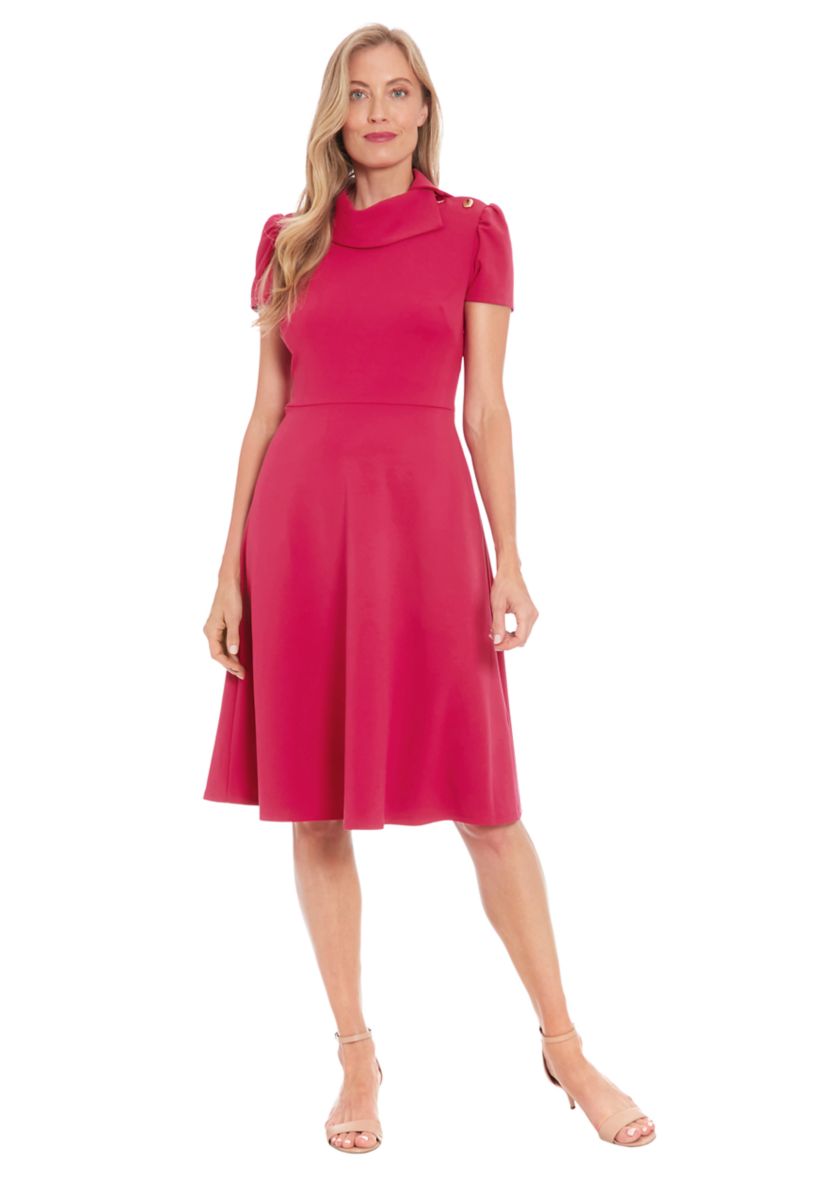 Womens Short Sleeve Asymmetrical Neck Solid Fit and Flare Dress