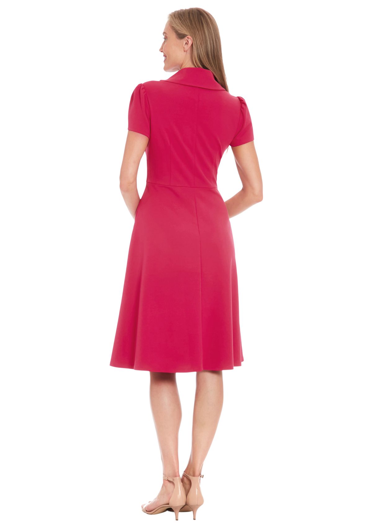 Womens Short Sleeve Asymmetrical Neck Solid Fit and Flare Dress