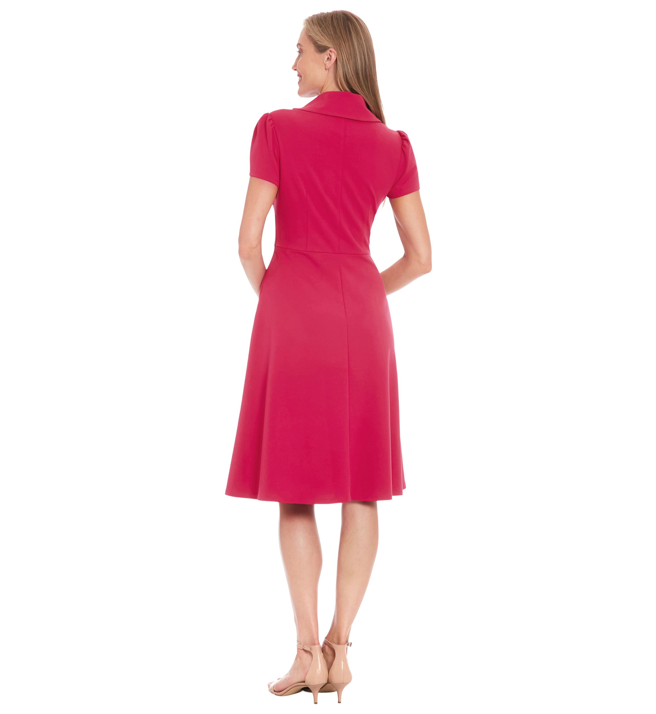 Womens Short Sleeve Asymmetrical Neck Solid Fit and Flare Dress