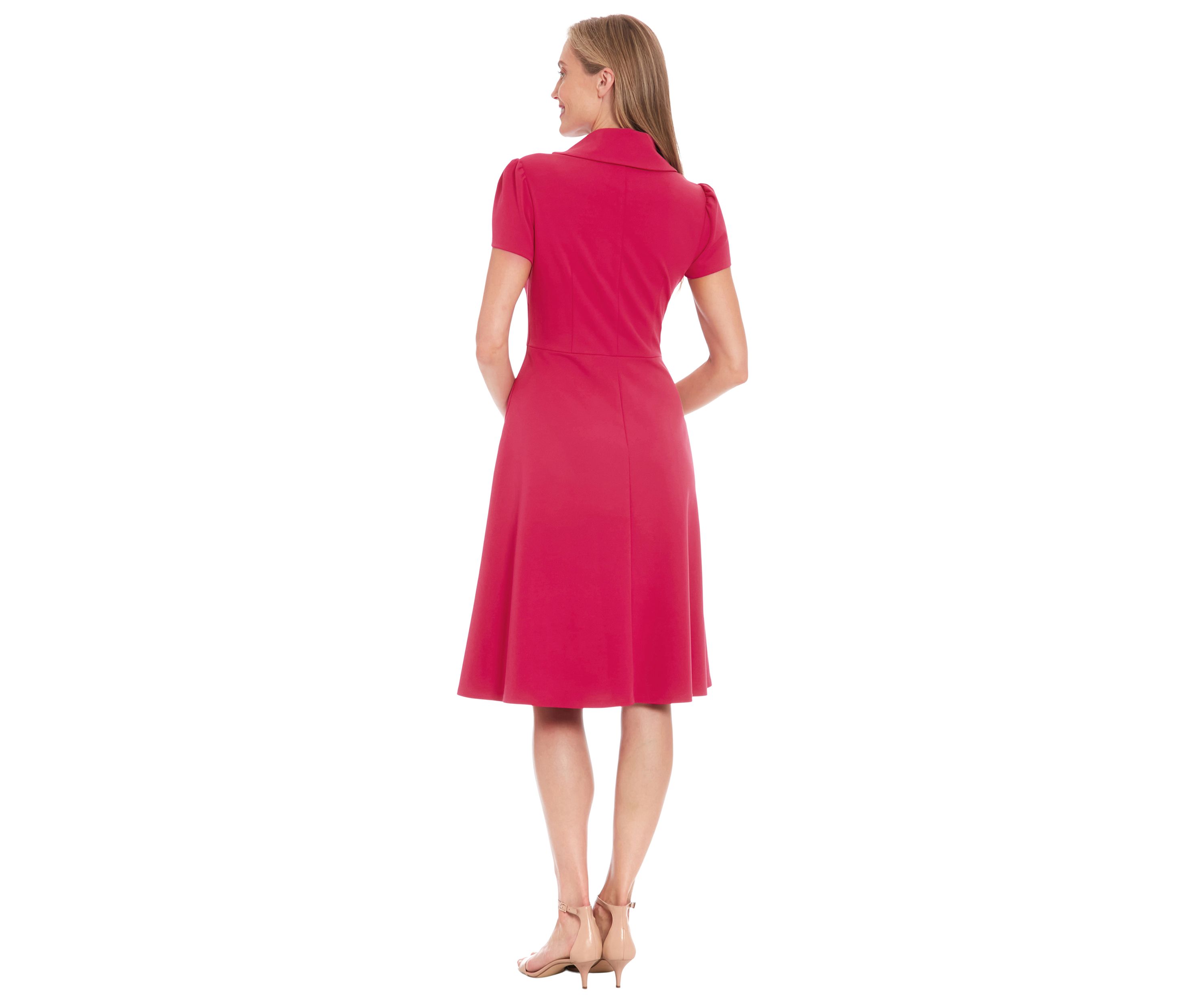 Womens Short Sleeve Asymmetrical Neck Solid Fit and Flare Dress