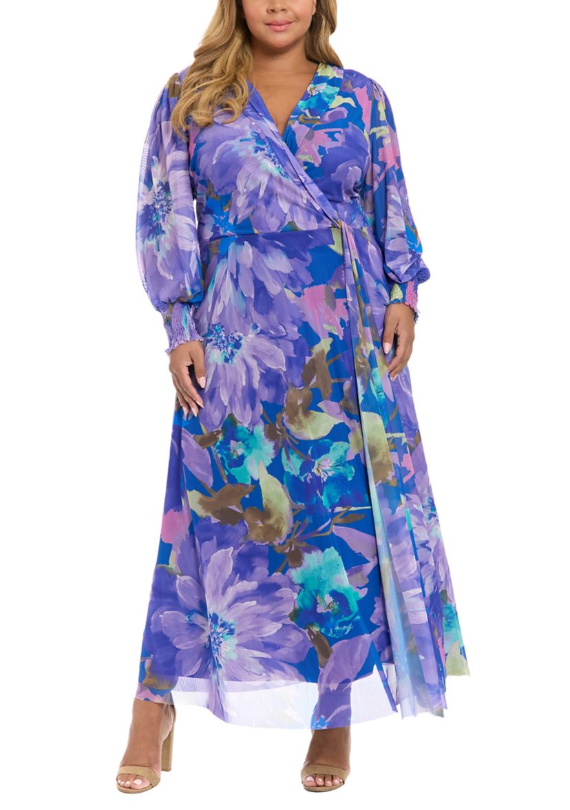 London Times Bishop Sleeve Maxi Dress in Navy/Aster Purple at Nordstrom Rack, Size 2X