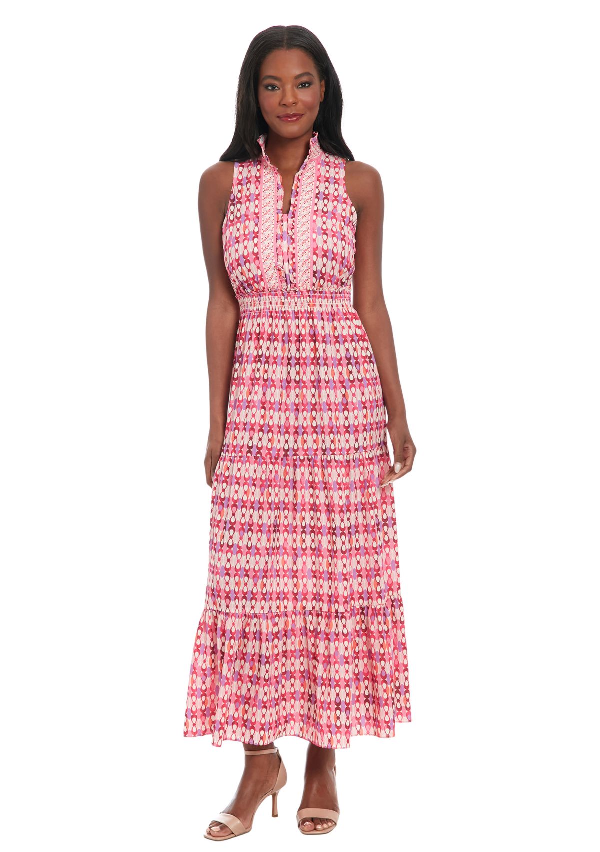 Womens Printed Bubble Crepe Smocked Waist Tiered Maxi Dress