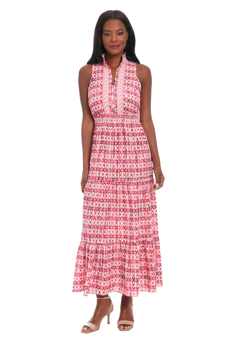 Womens Printed Bubble Crepe Smocked Waist Tiered Maxi Dress