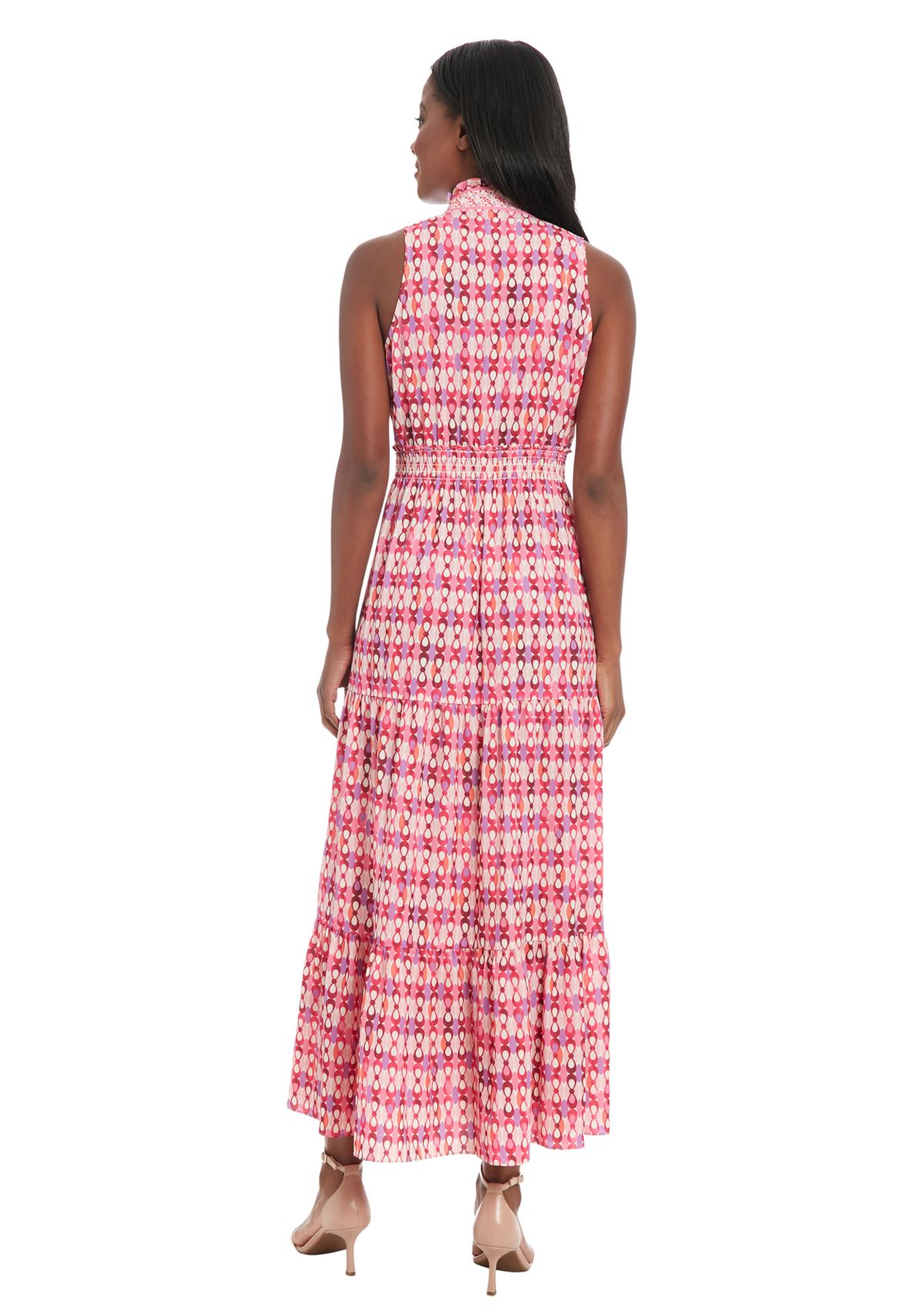 Womens Printed Bubble Crepe Smocked Waist Tiered Maxi Dress