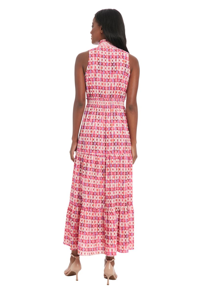 Womens Printed Bubble Crepe Smocked Waist Tiered Maxi Dress