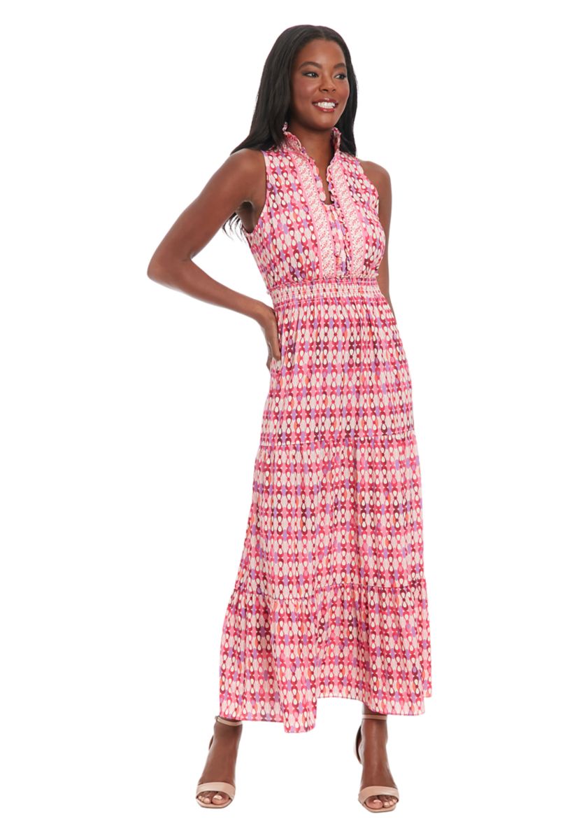 Womens Printed Bubble Crepe Smocked Waist Tiered Maxi Dress