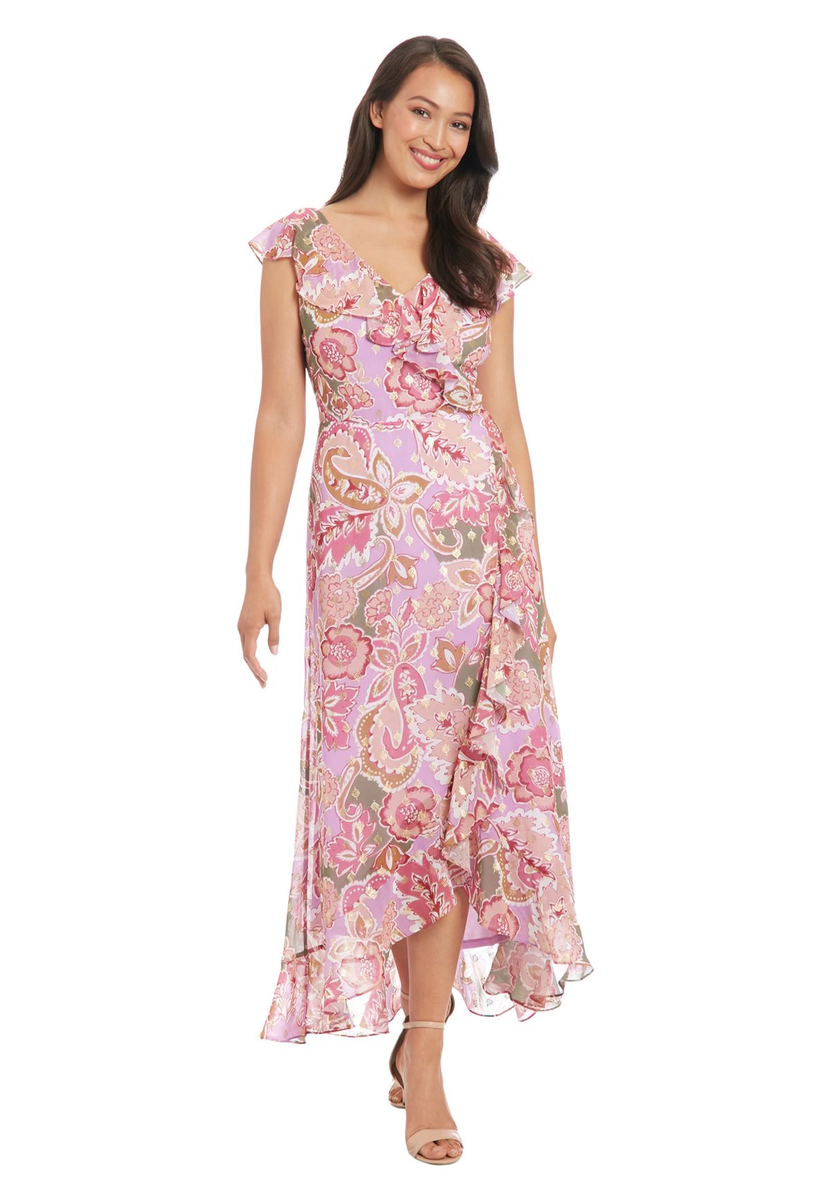 Womens Pebble Batik Gold Foil Ruffle Wrap Maxi Dress