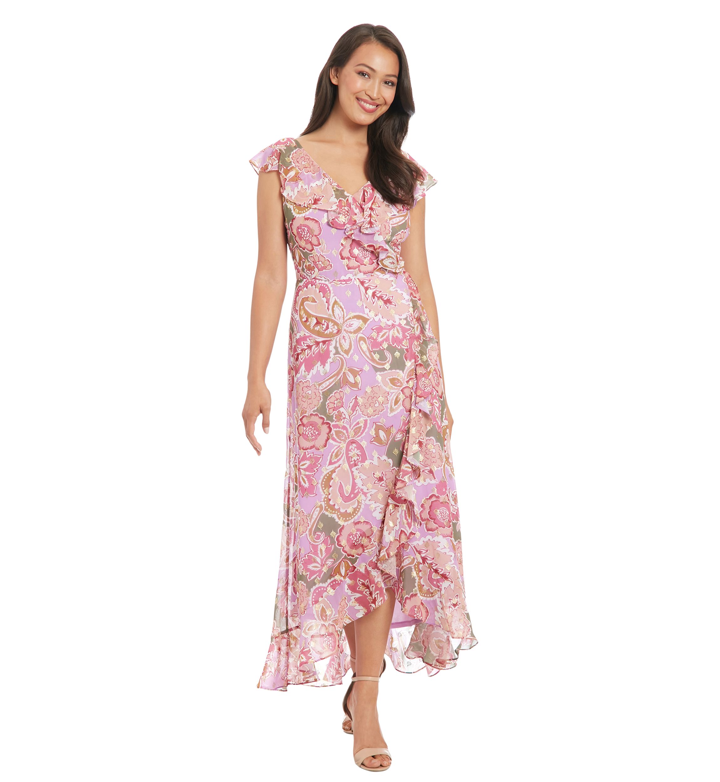 Womens Pebble Batik Gold Foil Ruffle Wrap Maxi Dress