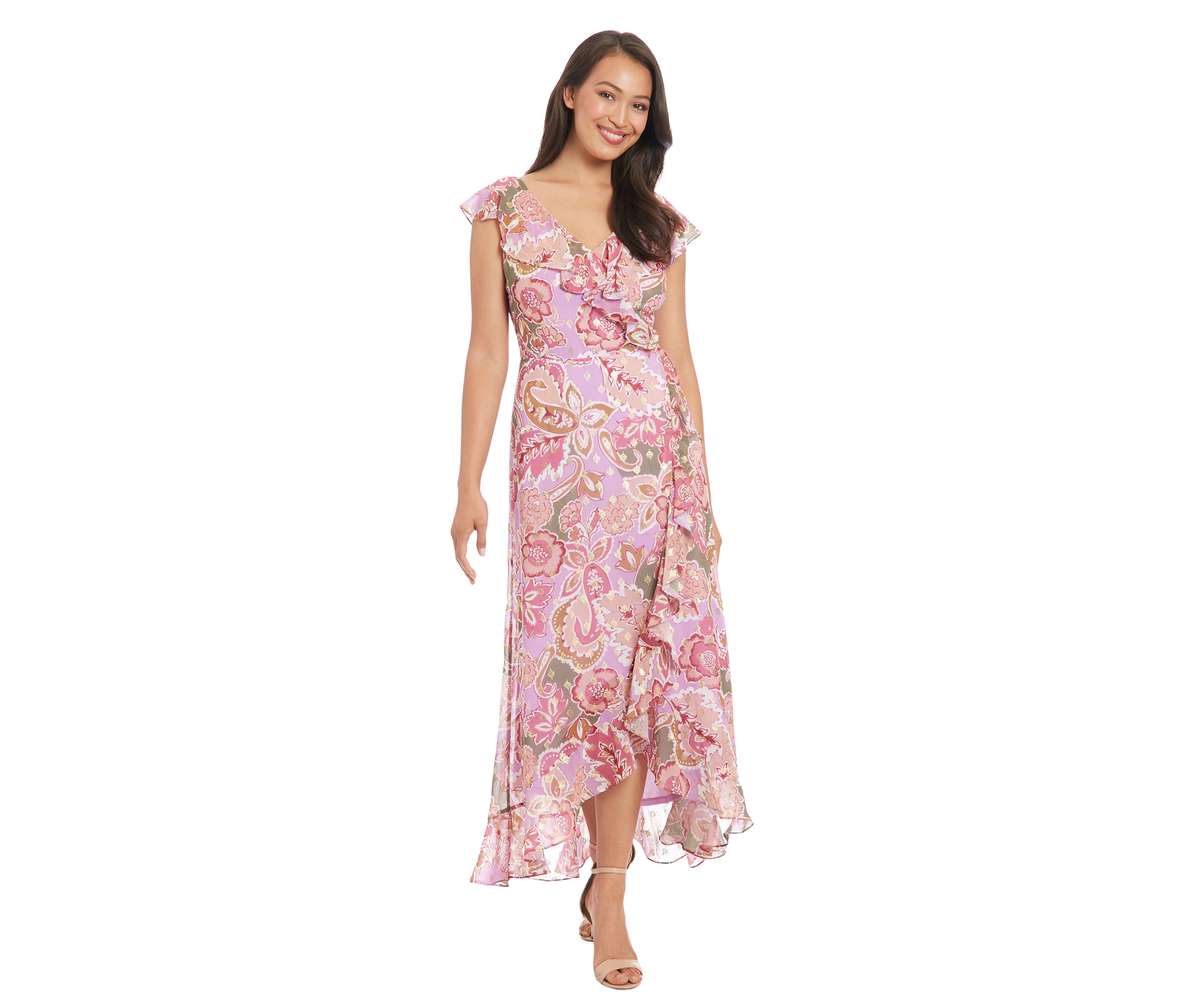 Womens Pebble Batik Gold Foil Ruffle Wrap Maxi Dress