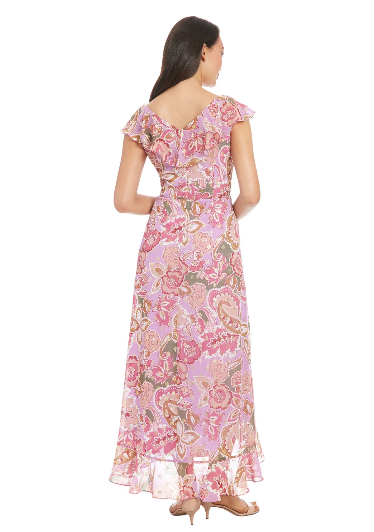 Womens Pebble Batik Gold Foil Ruffle Wrap Maxi Dress