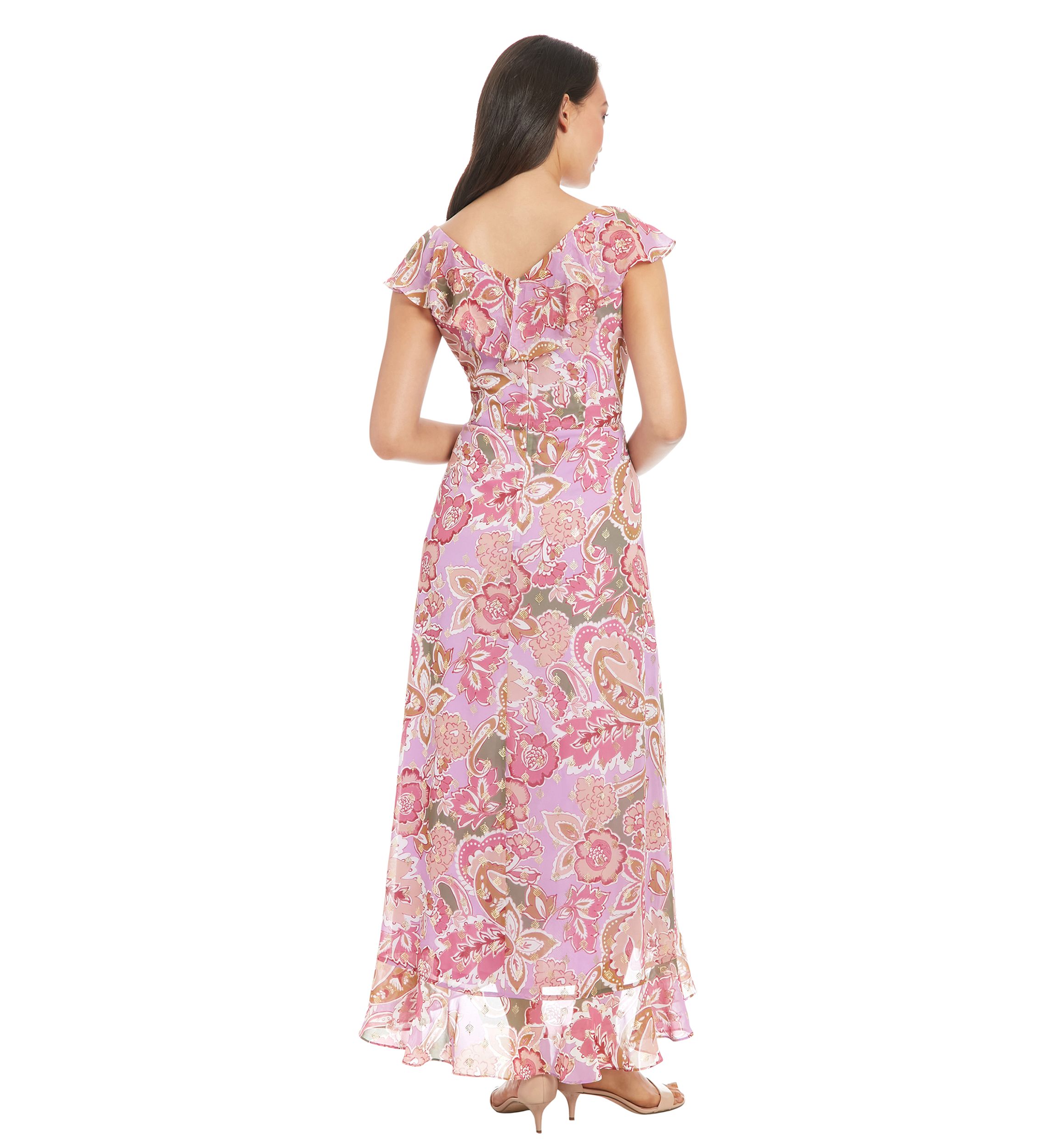 Womens Pebble Batik Gold Foil Ruffle Wrap Maxi Dress