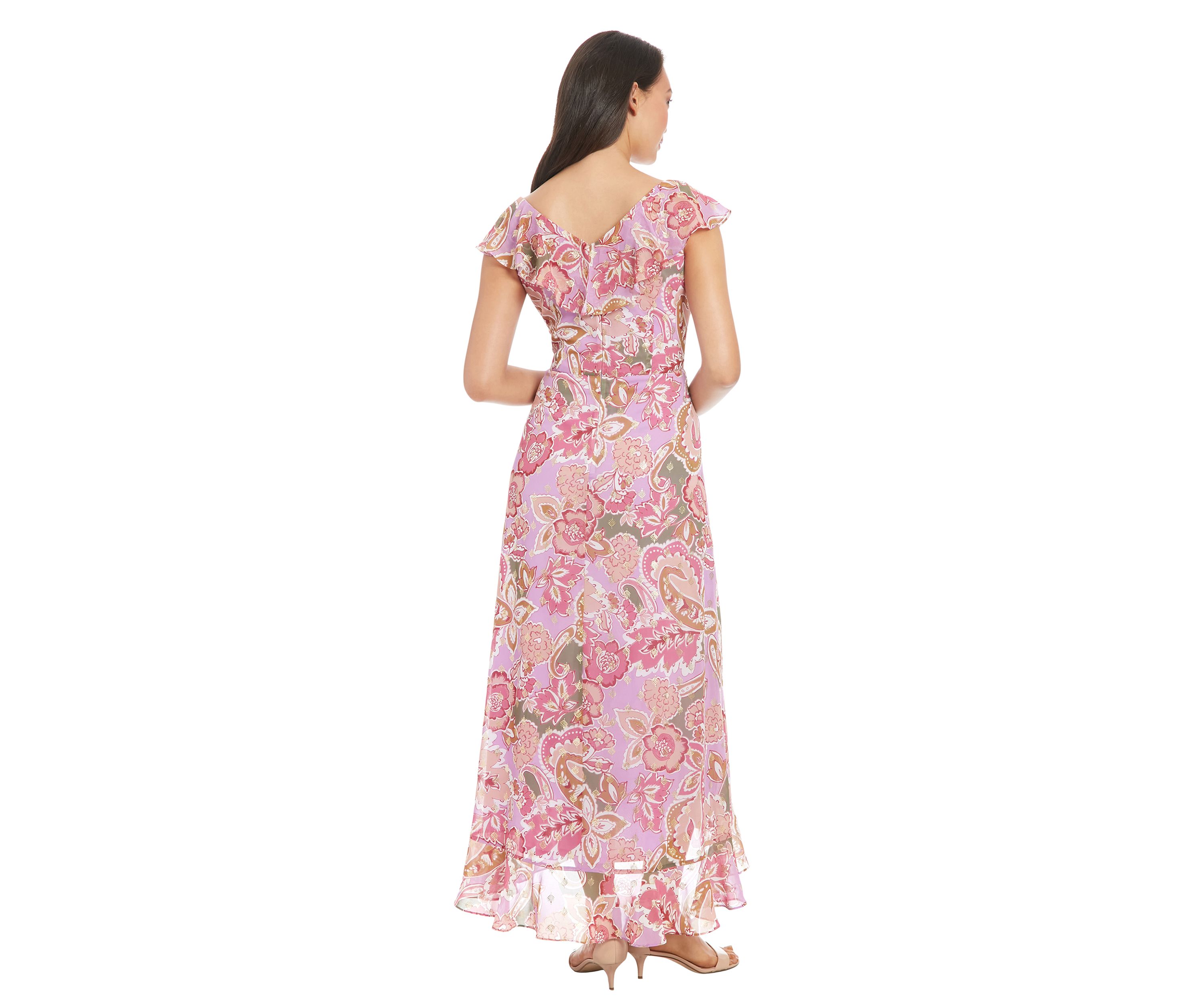 Womens Pebble Batik Gold Foil Ruffle Wrap Maxi Dress