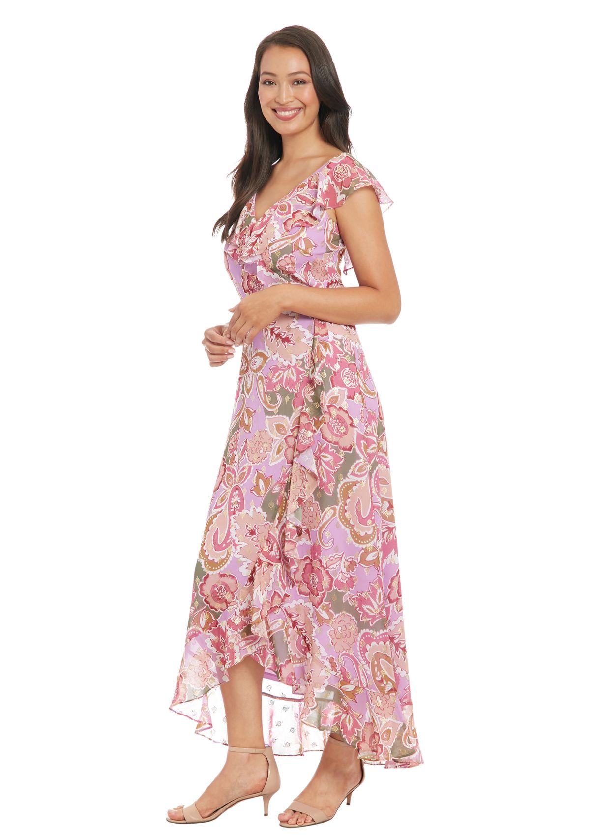 Womens Pebble Batik Gold Foil Ruffle Wrap Maxi Dress